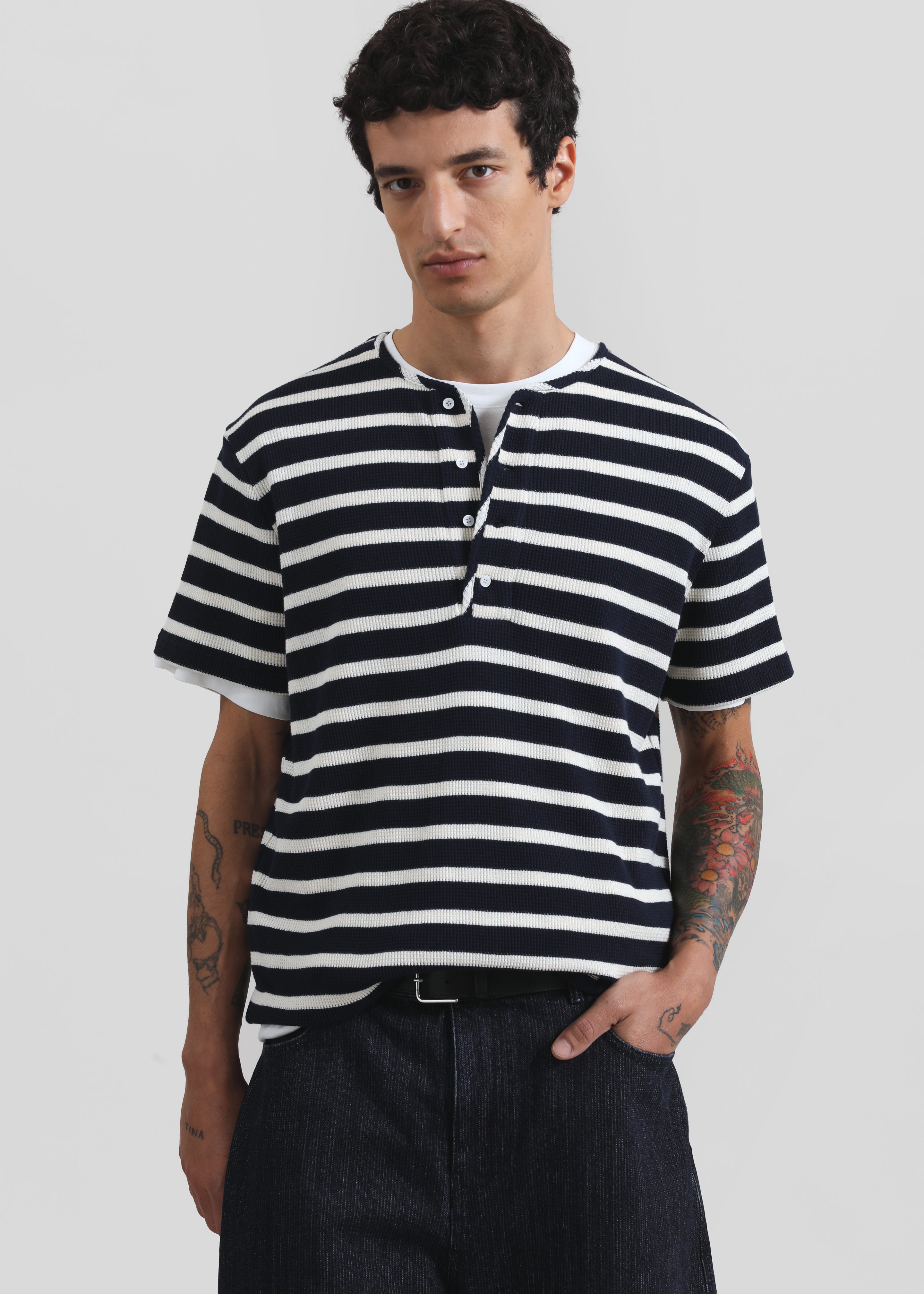 Albury Ribbed Cotton Henley T-Shirt - Navy/White Stripe - 4