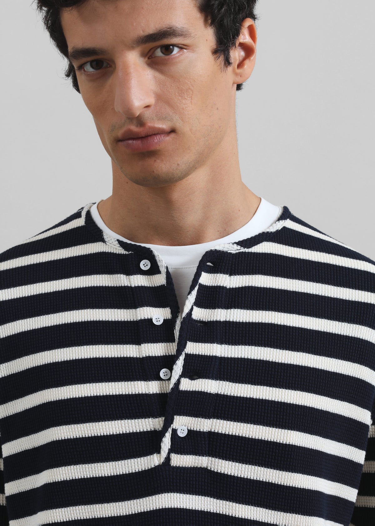 Albury Ribbed Cotton Henley T-Shirt - Navy/White Stripe - 1