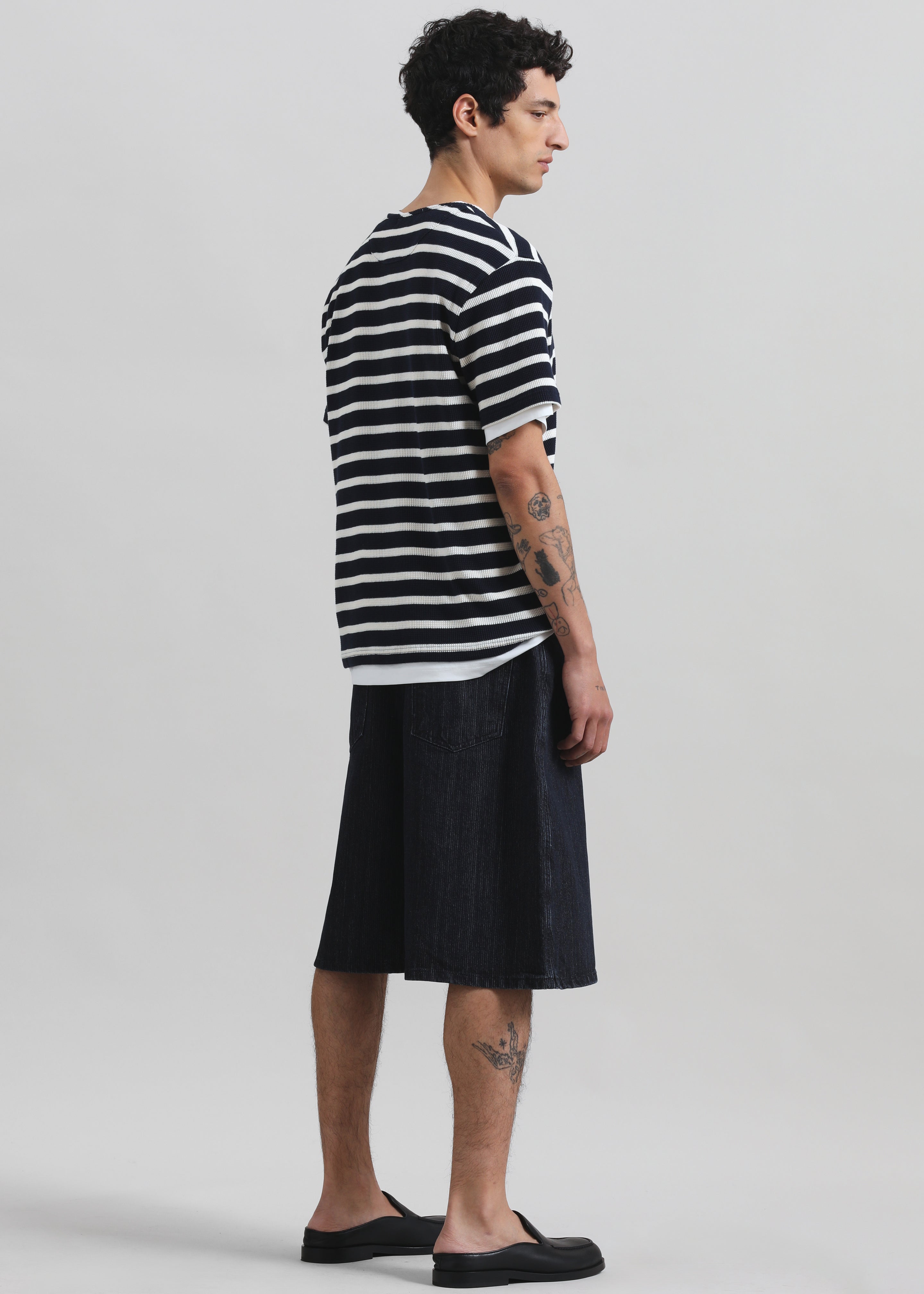 Albury Ribbed Cotton Henley T-Shirt - Navy/White Stripe - 5