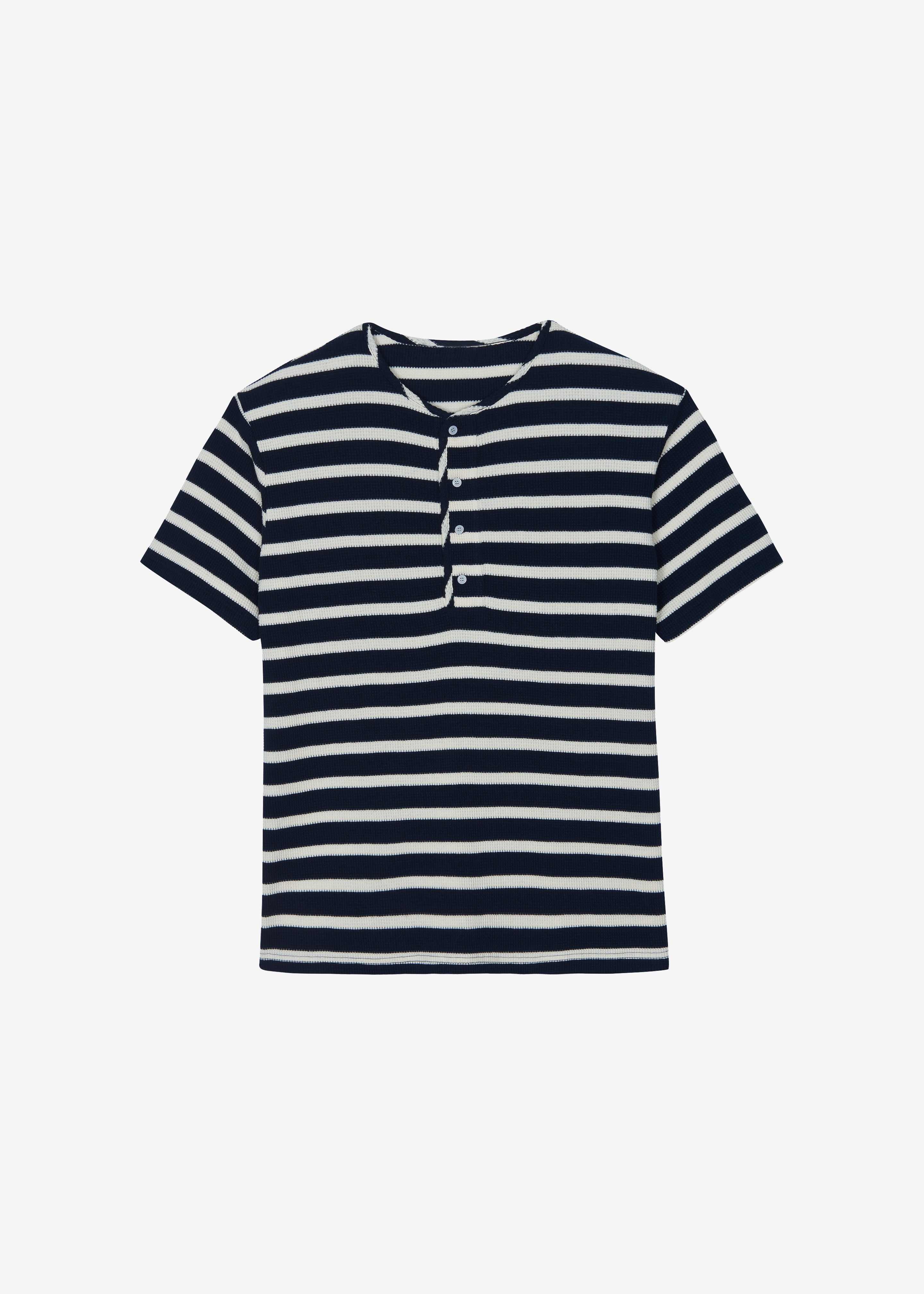 Albury Ribbed Cotton Henley T-Shirt - Navy/White Stripe - 6