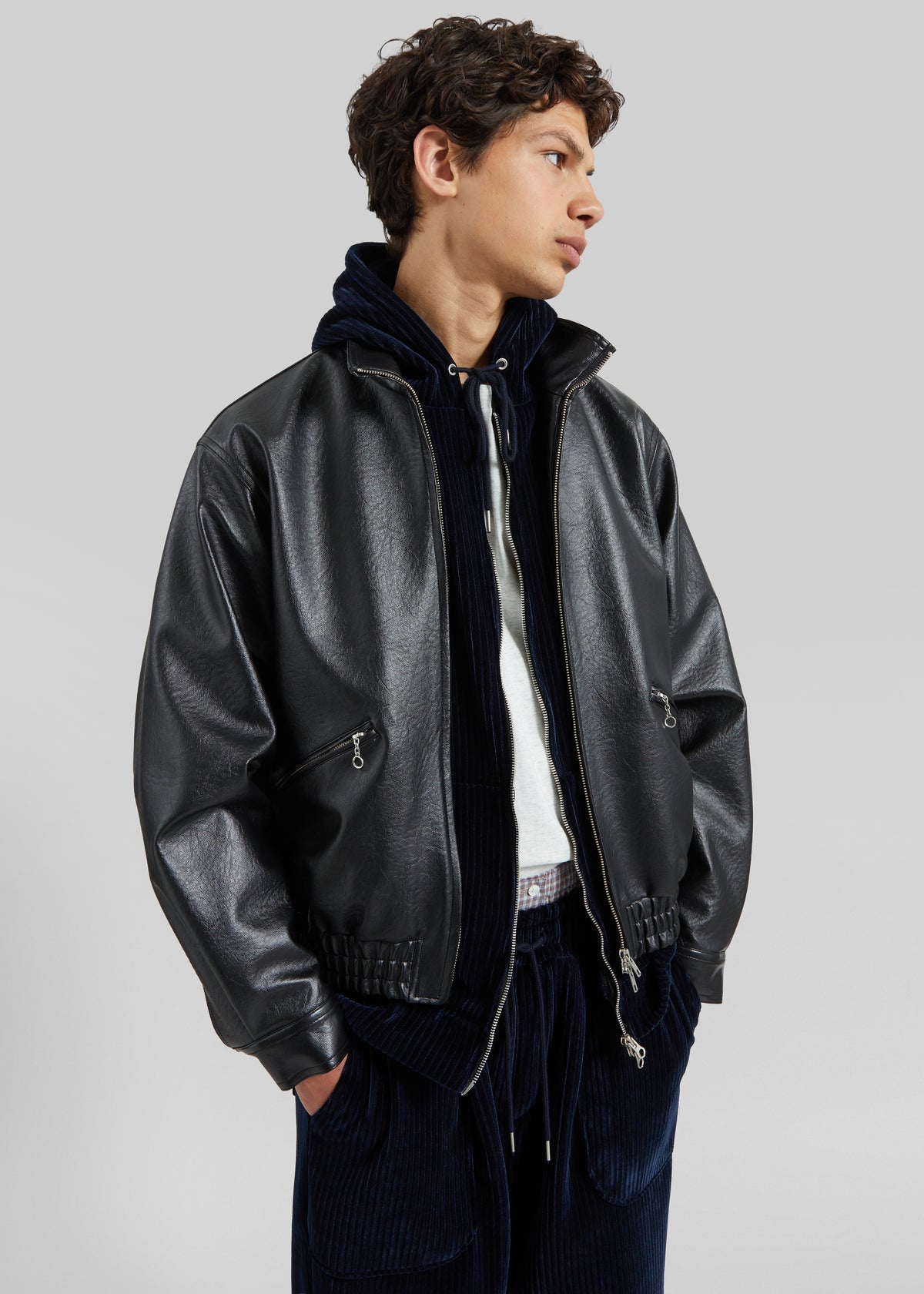 Alderton Faux Leather Bomber Jacket - Black