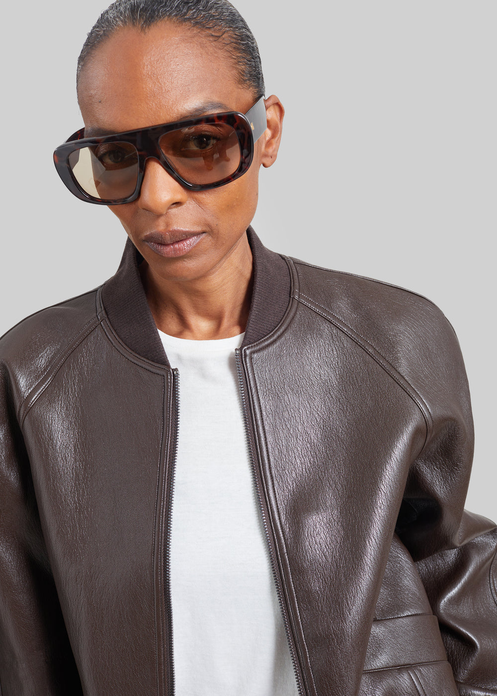 Alena Faux Leather Bomber Jacket - Dark Brown - 1