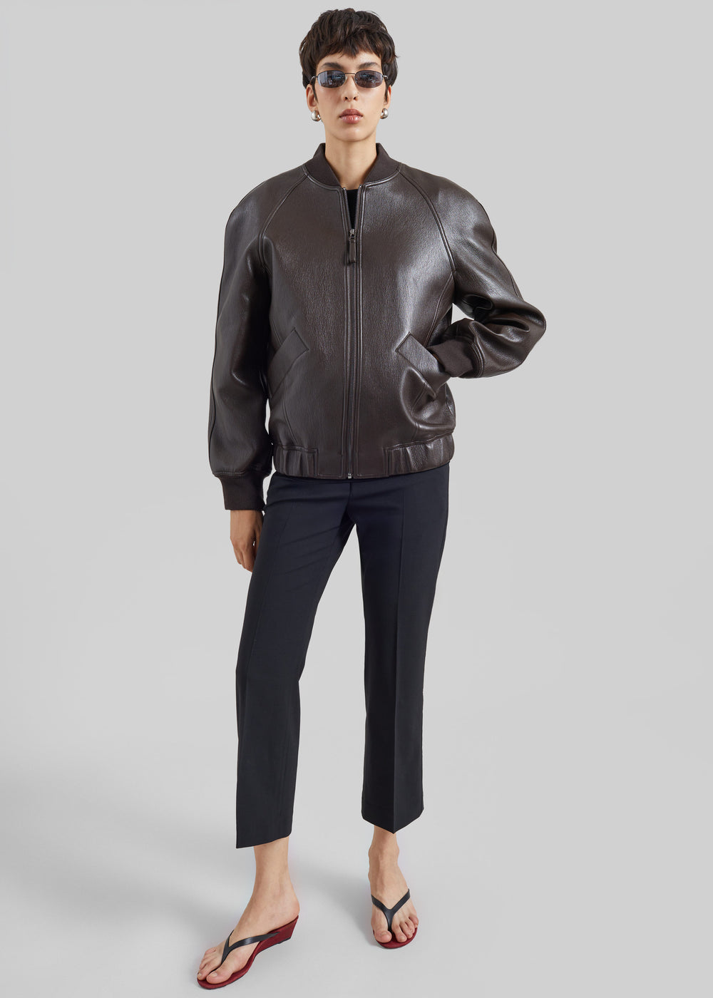 Alena Faux Leather Bomber Jacket - Dark Brown - 1