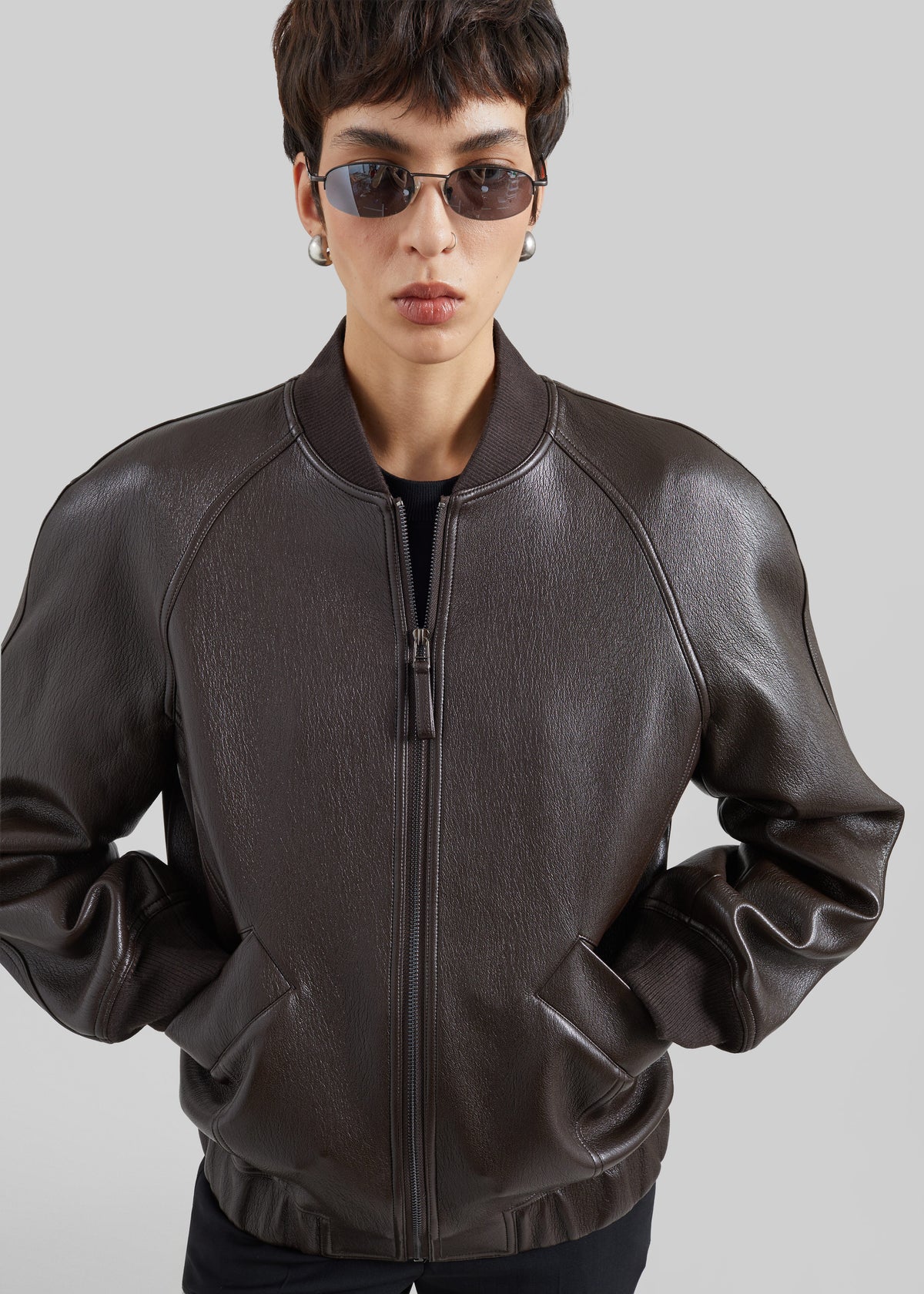 Alena Faux Leather Bomber Jacket - Dark Brown