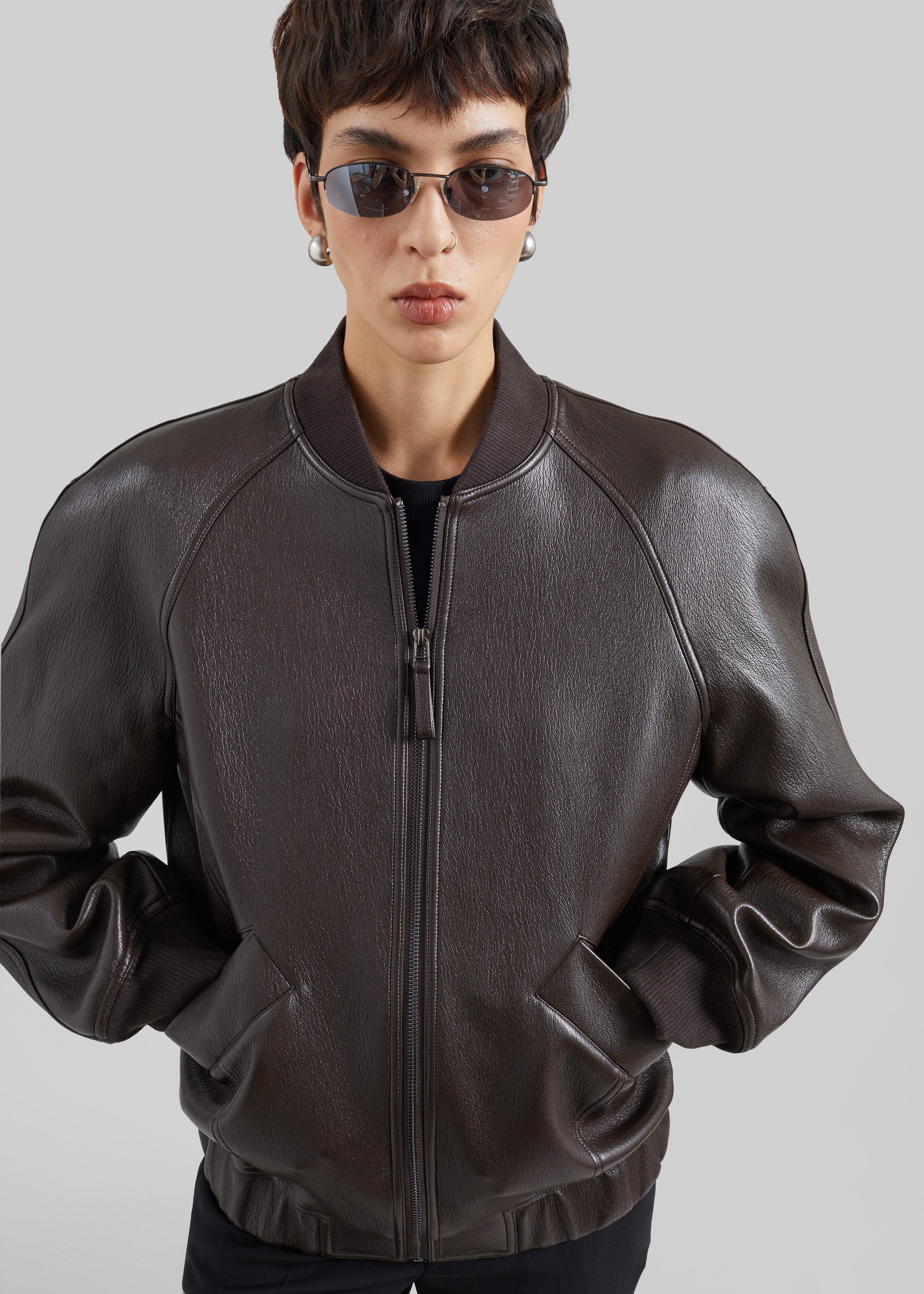Alena Faux Leather Bomber Jacket - Dark Brown