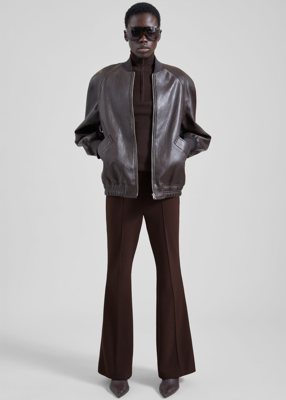 Alena Faux Leather Bomber Jacket - Dark Brown - 1