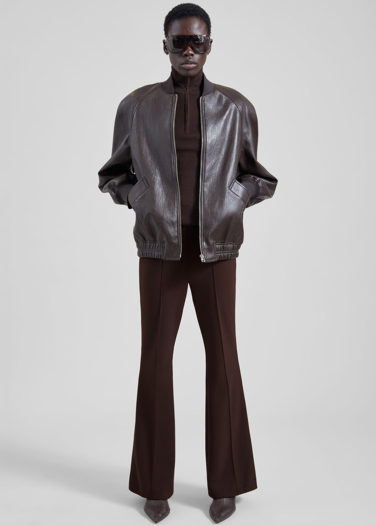 Alena Faux Leather Bomber Jacket - Dark Brown - 2