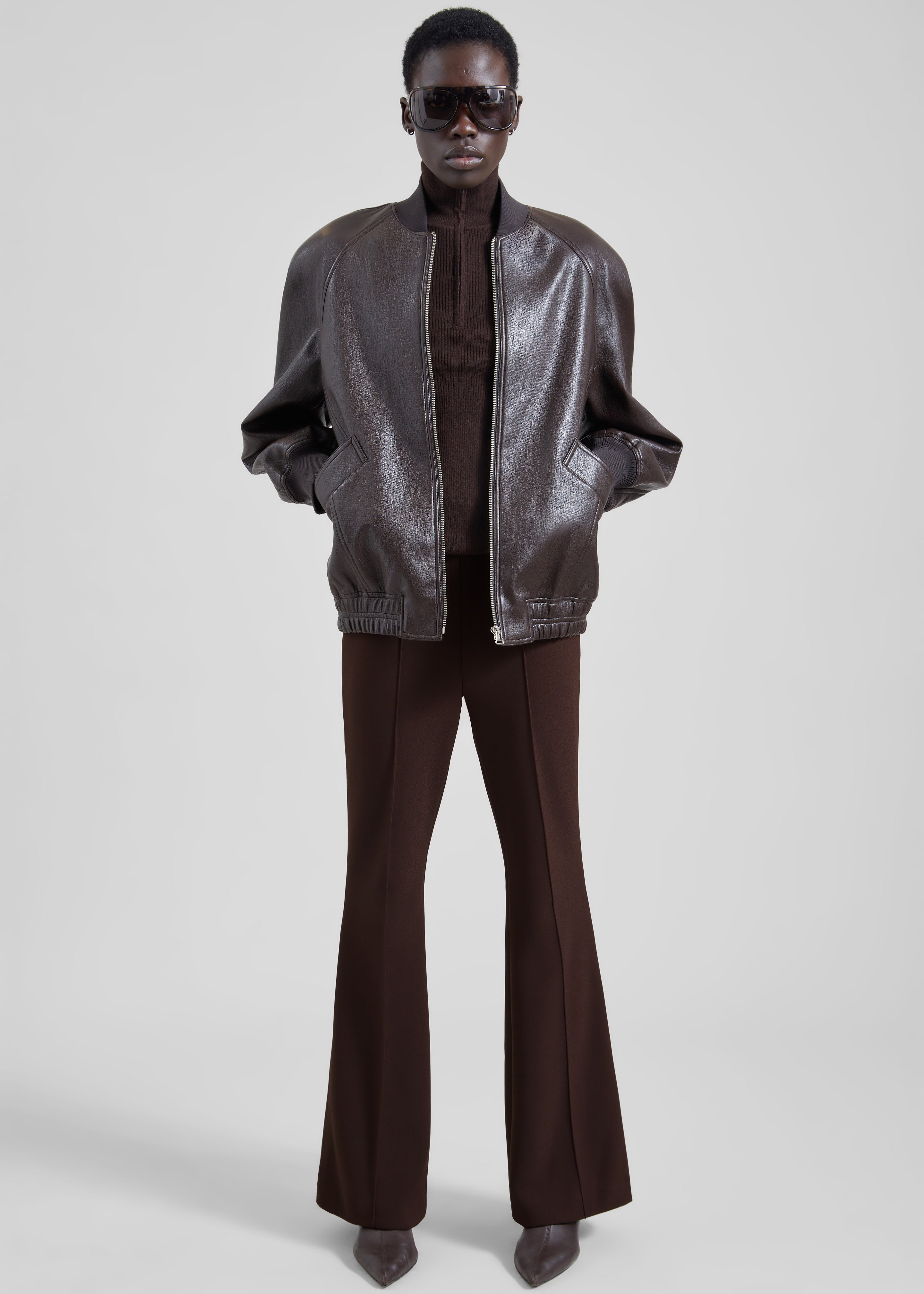 Alena Faux Leather Bomber Jacket - Dark Brown - 2