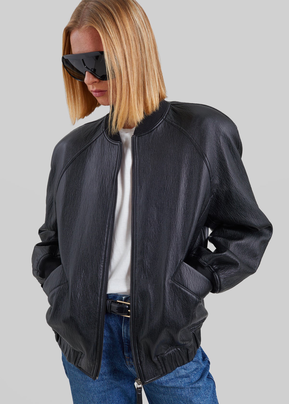 Alena Faux Leather Bomber Jacket - Black - 1