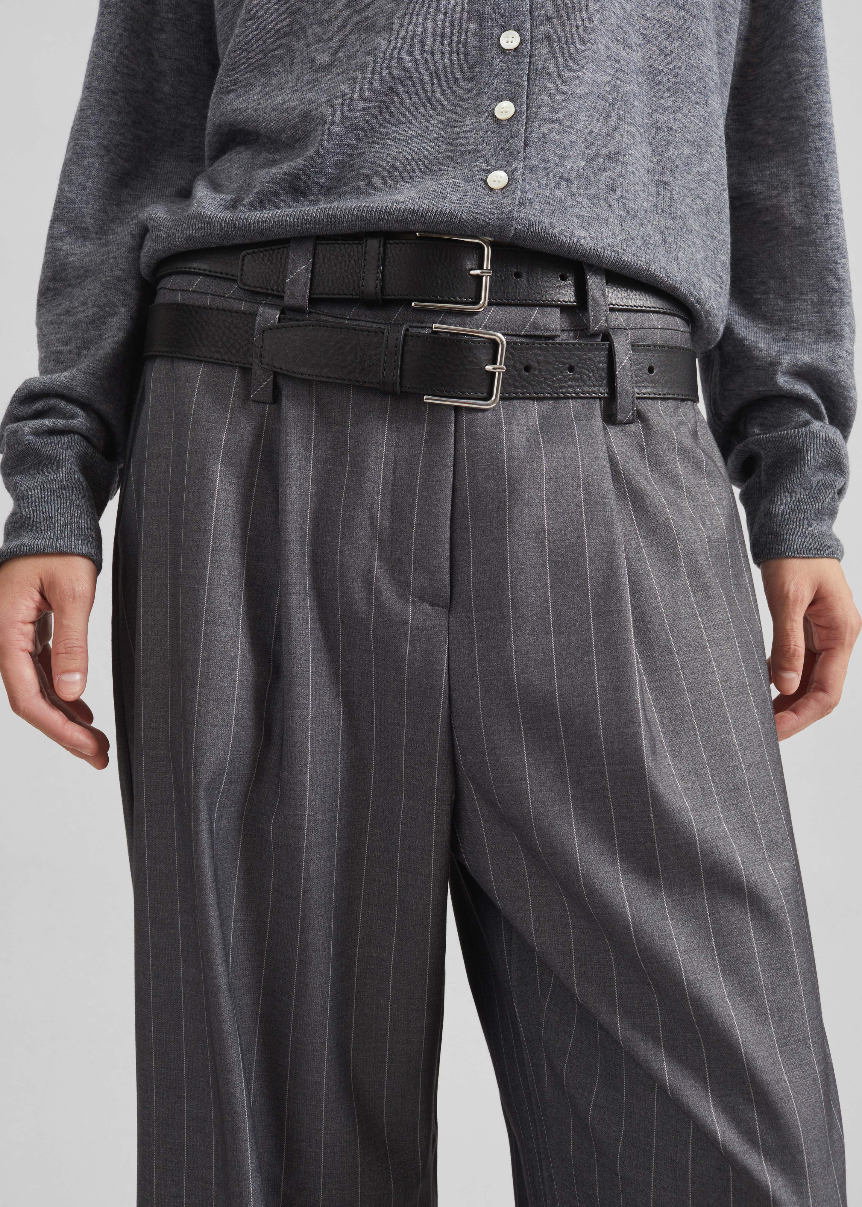 Alencon Double Belt-Loop Trousers - Grey/White Pinstripe - 2