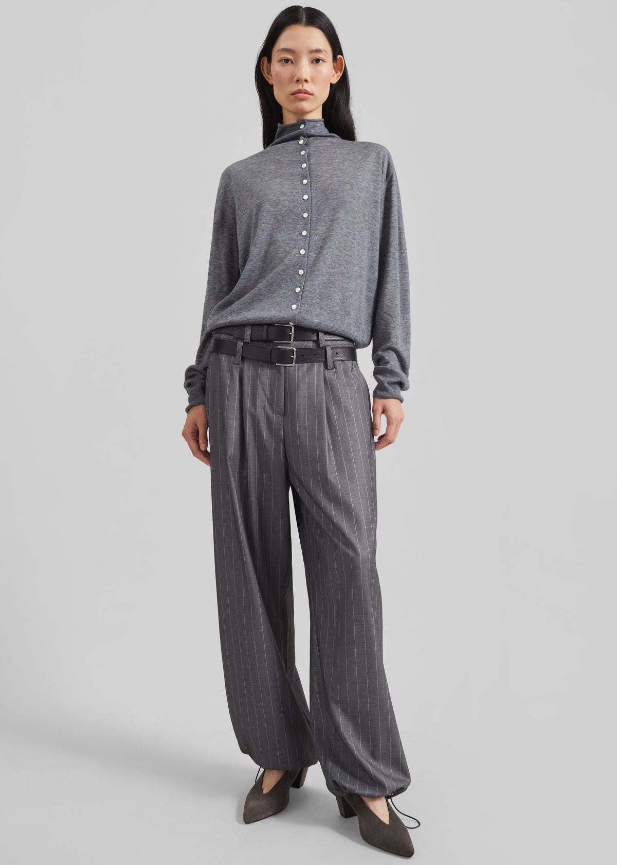 Alencon Double Belt-Loop Trousers - Grey/White Pinstripe - 4