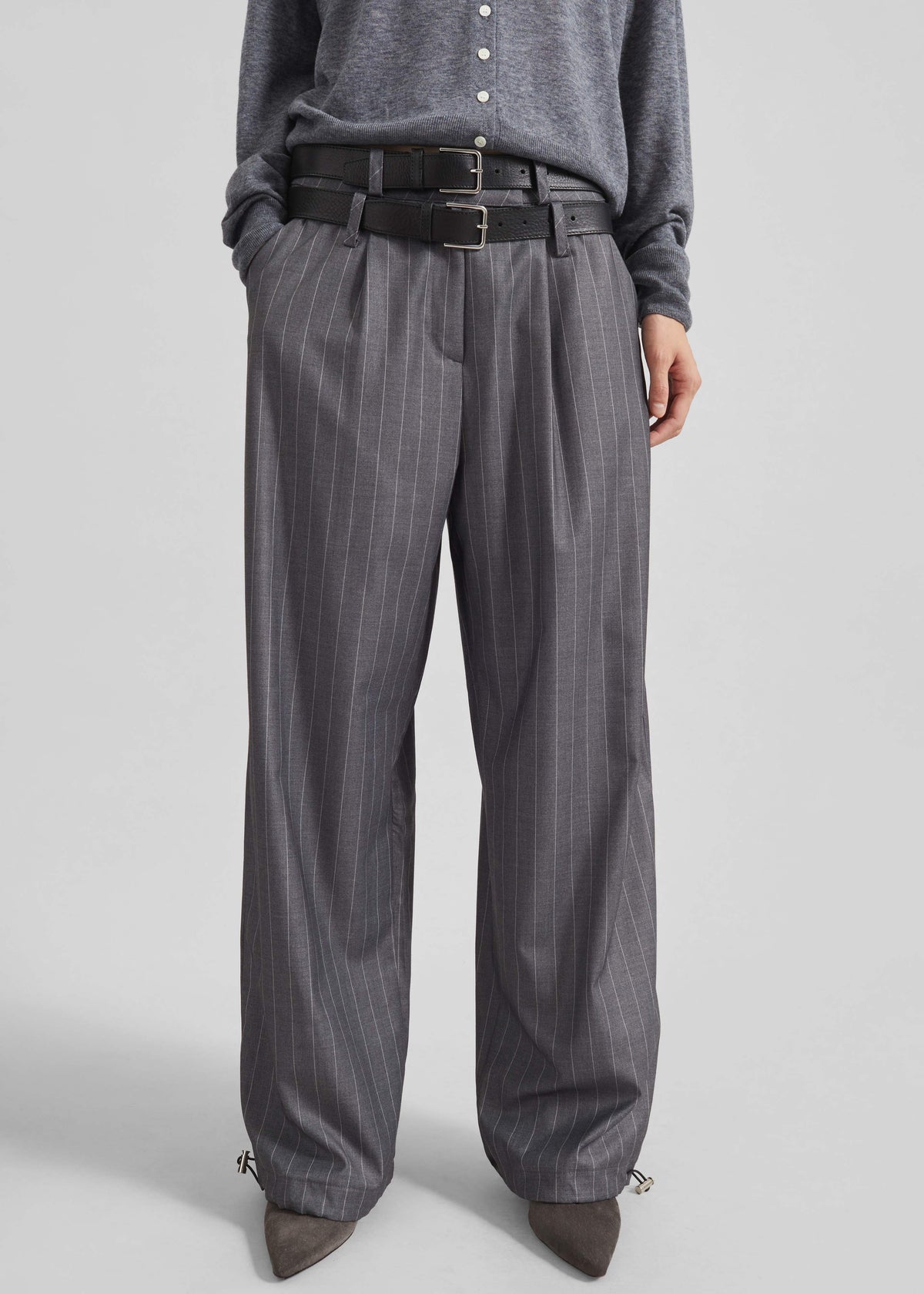 Alencon Double Belt-Loop Trousers - Grey/White Pinstripe - 5