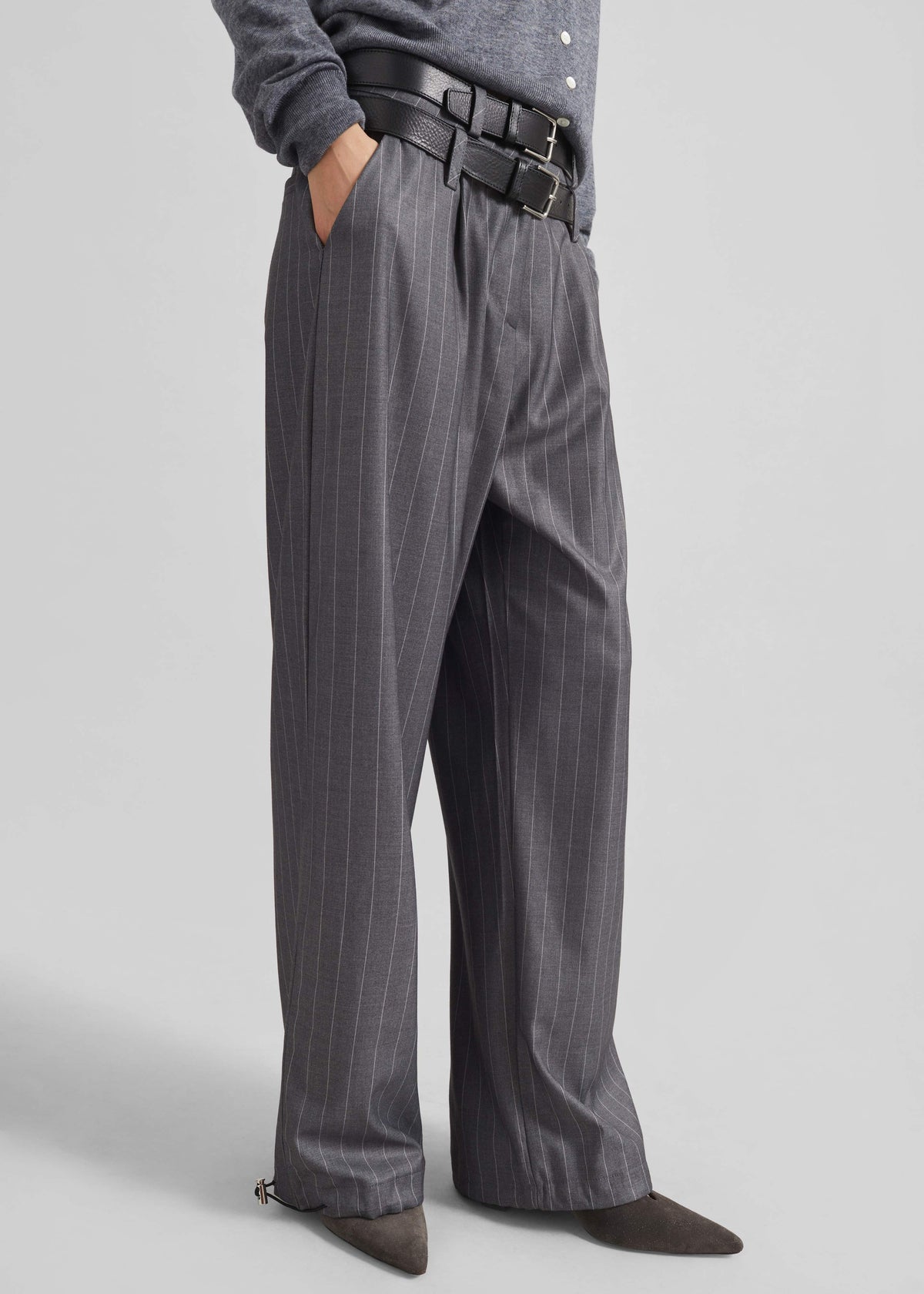 Alencon Double Belt-Loop Trousers - Grey/White Pinstripe - 6