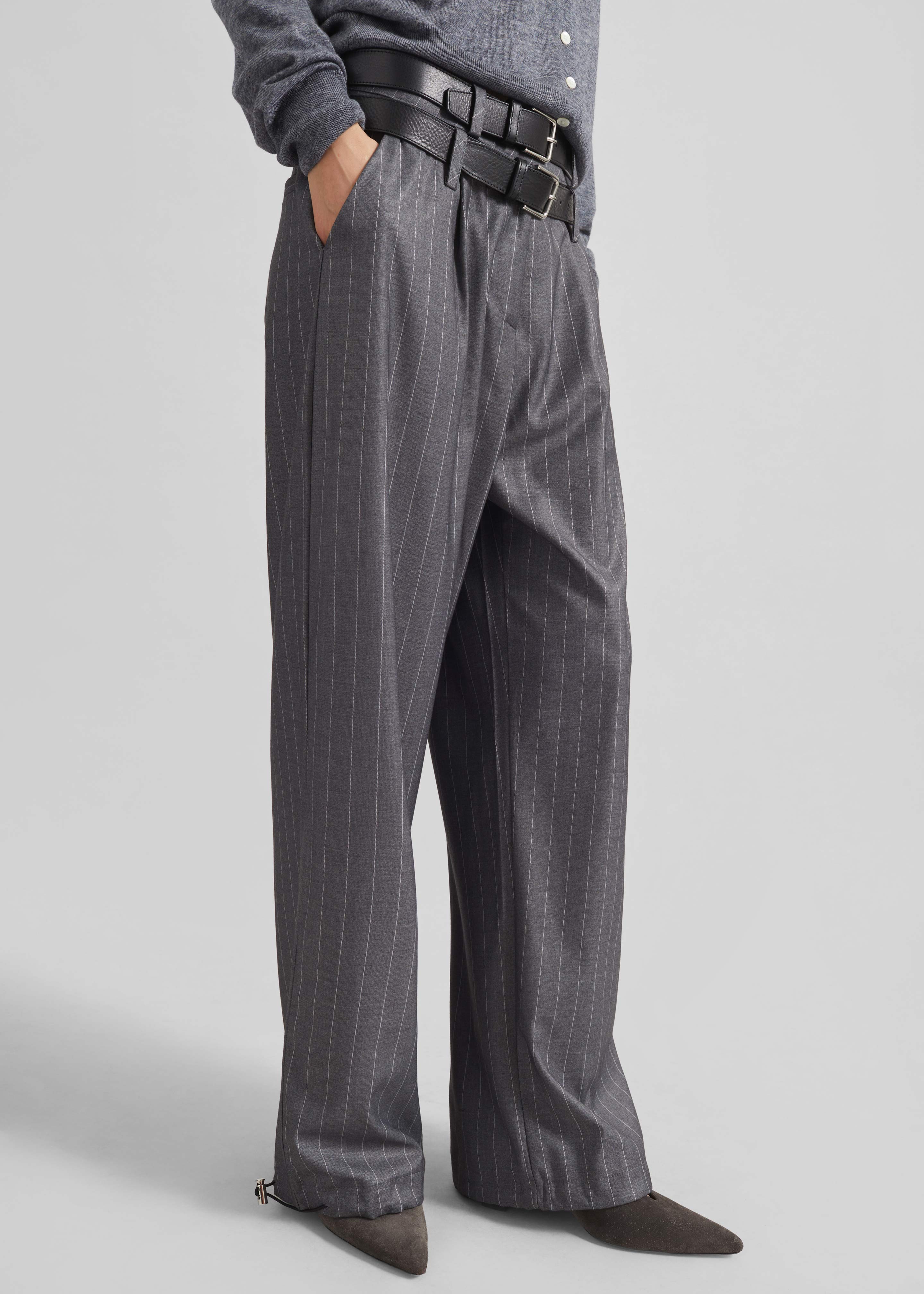 Alencon Double Belt-Loop Trousers - Grey/White Pinstripe - 6