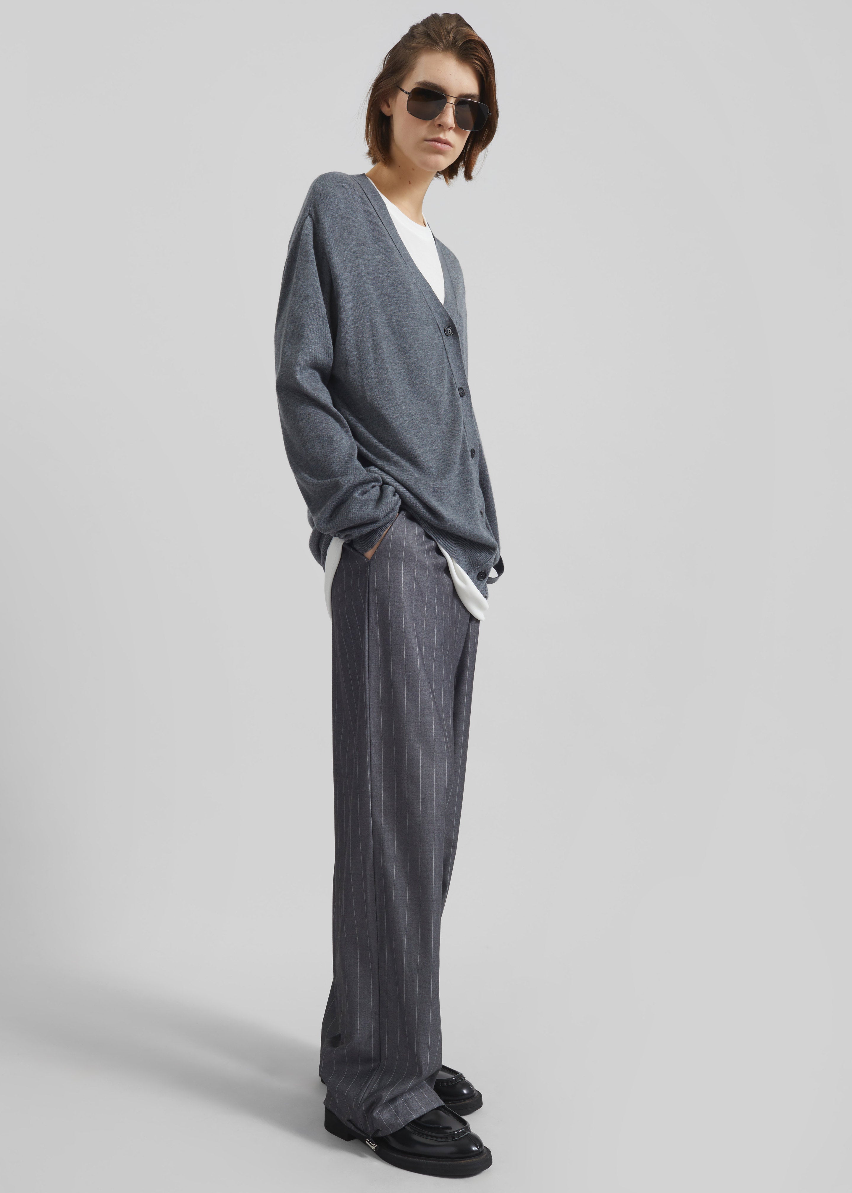 Alencon Double Belt-Loop Trousers - Grey/White Pinstripe - 8