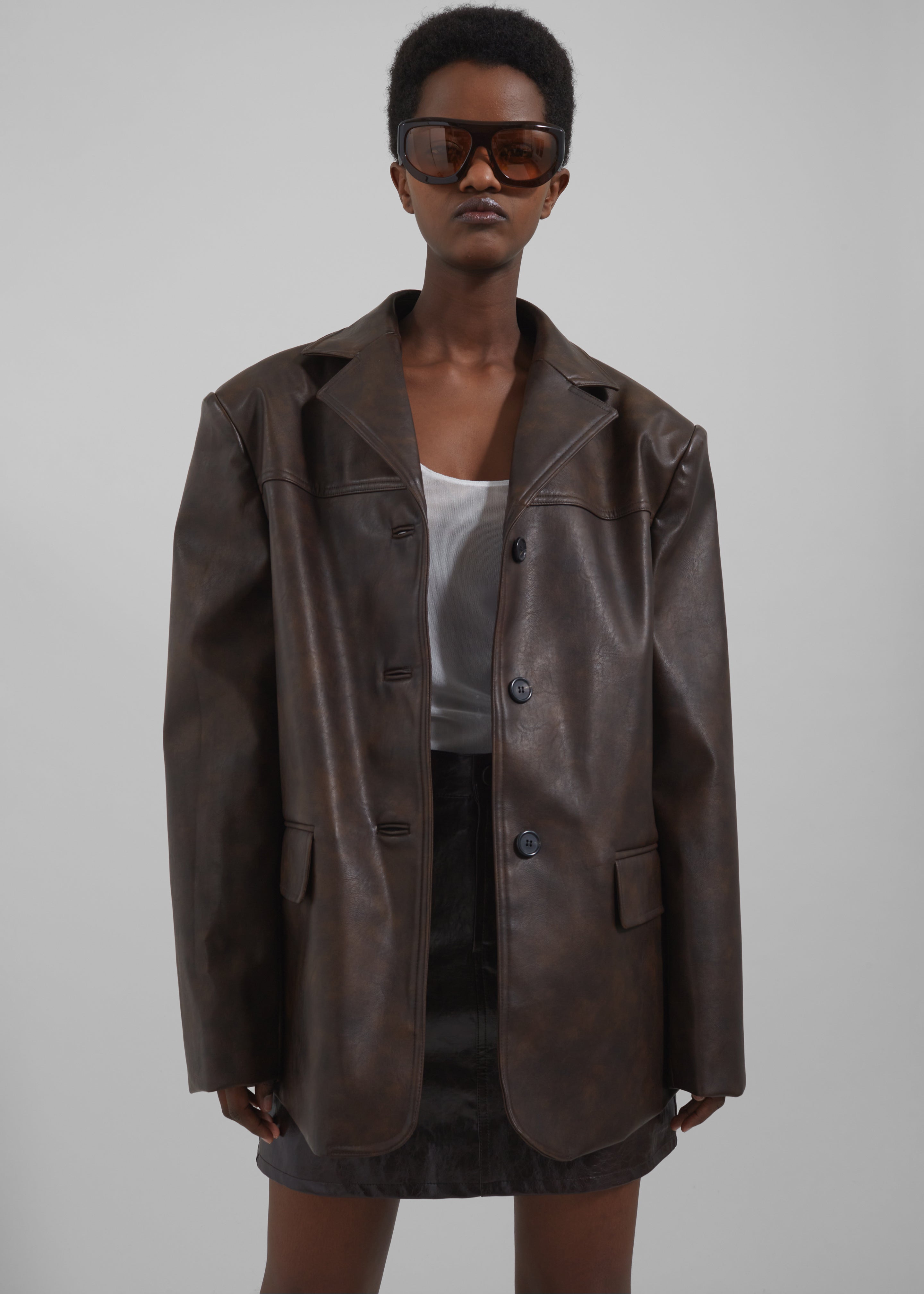 Alessandra Faux Leather Blazer - Brown - 7