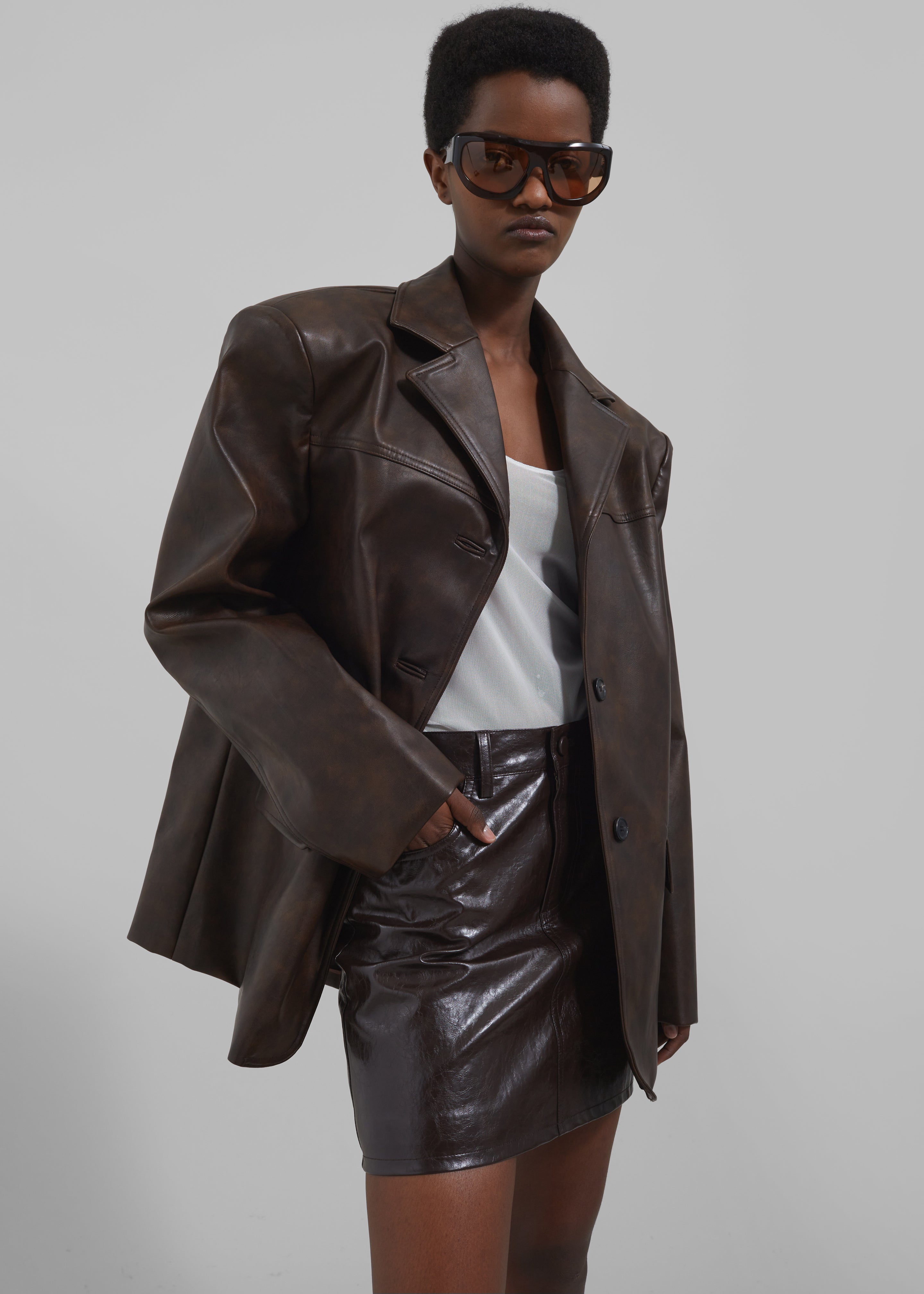 Alessandra Faux Leather Blazer - Brown - 5