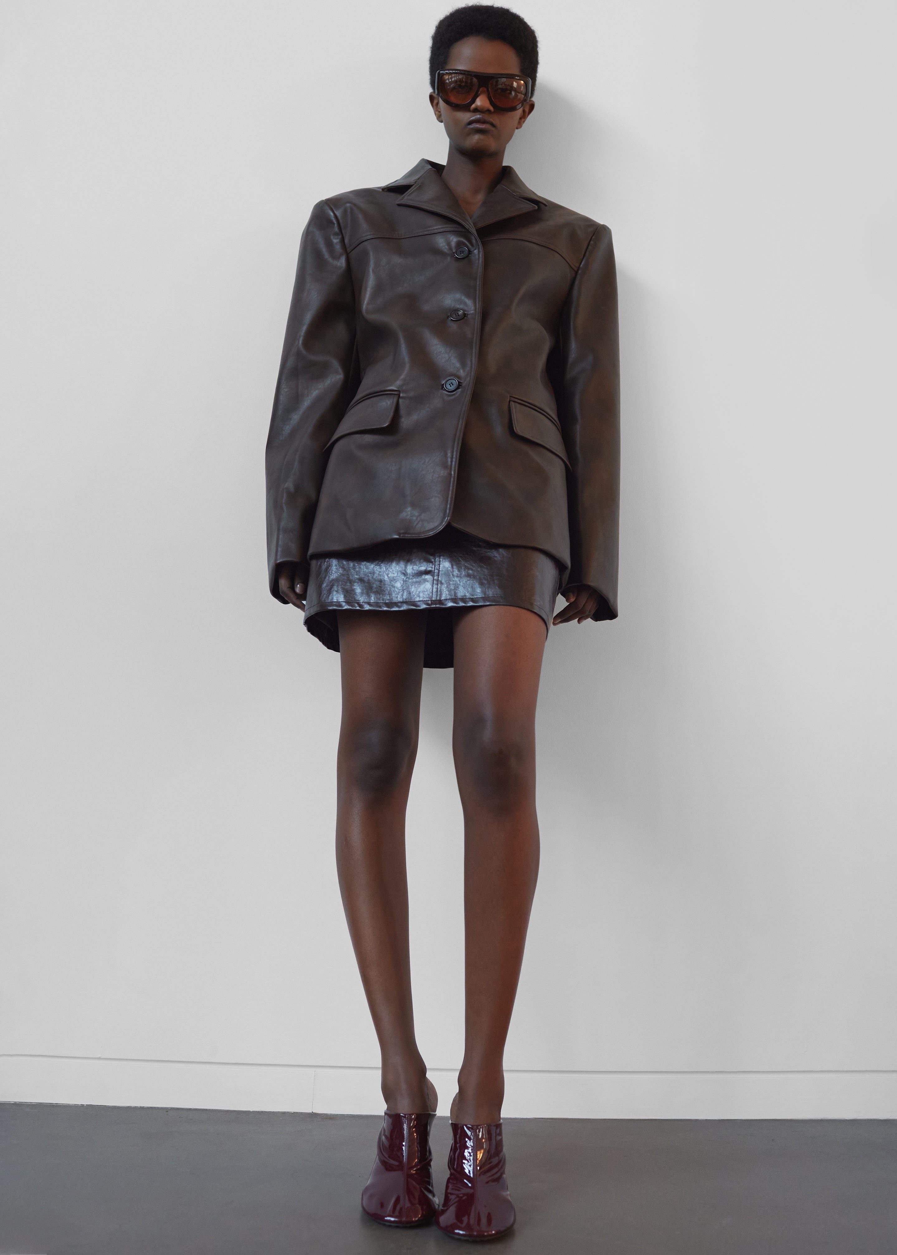 Alessandra Faux Leather Blazer - Brown - 4