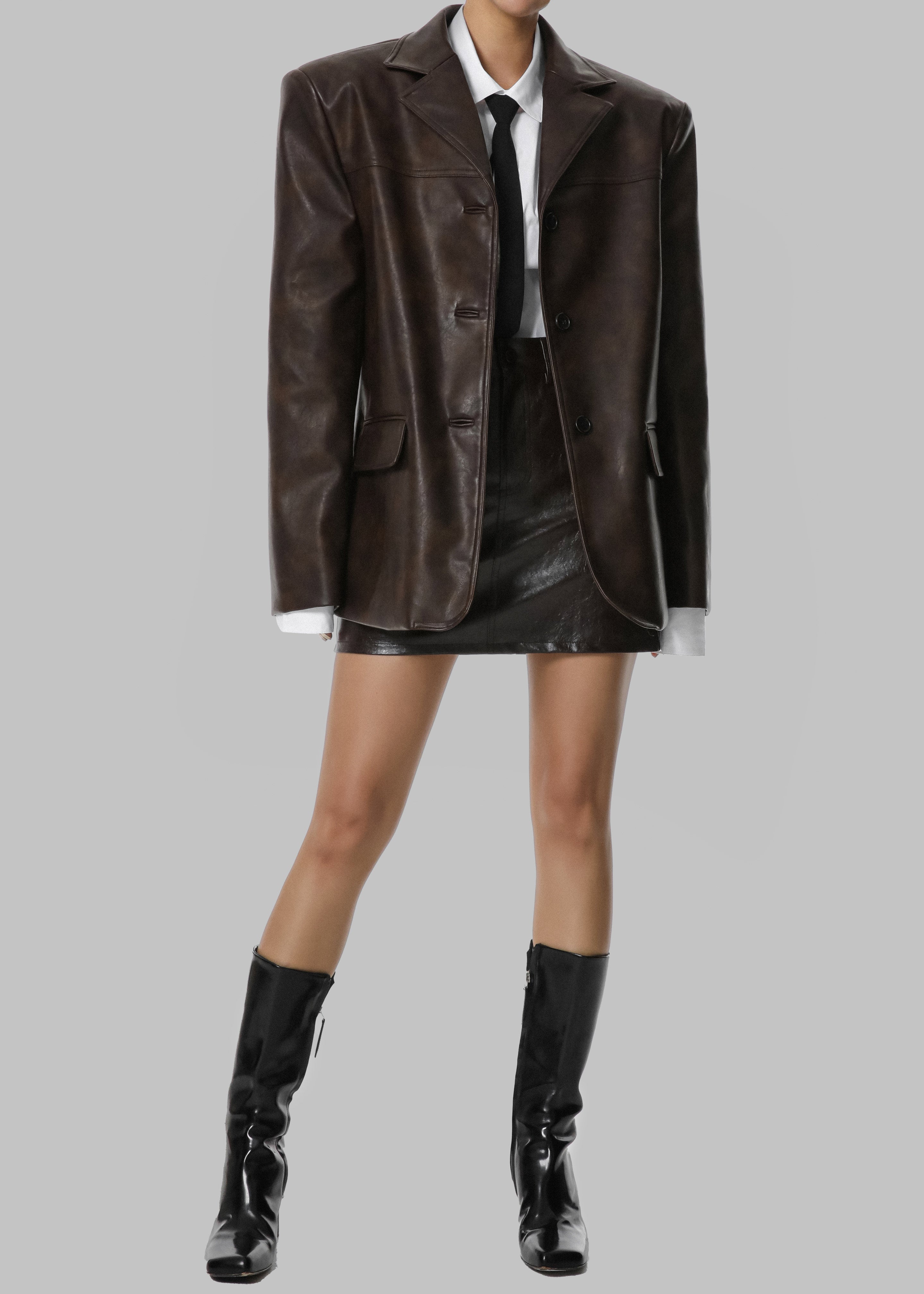 Alessandra Faux Leather Blazer - Brown - 3