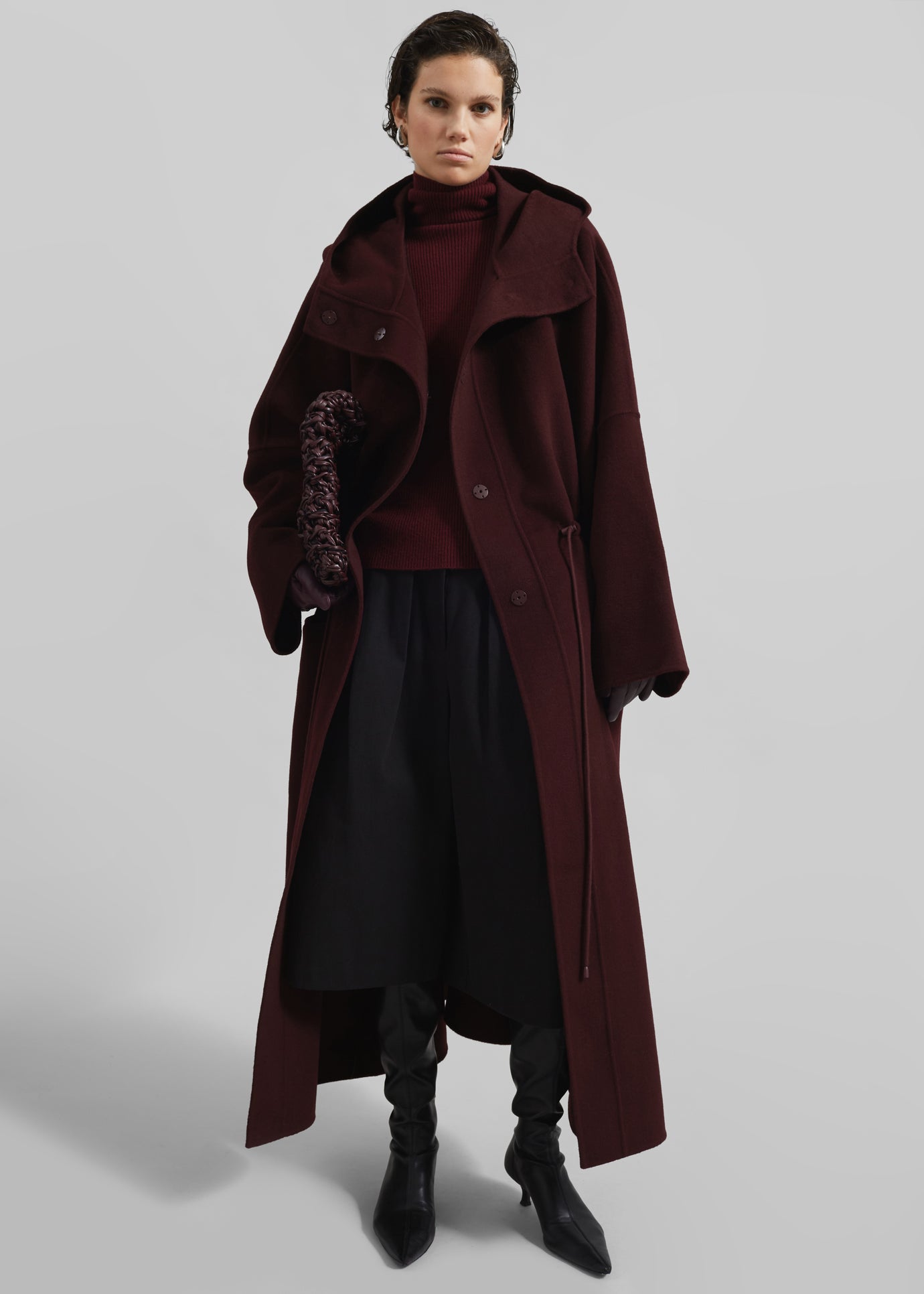 Alida Hooded Long Coat - Burgundy - 1