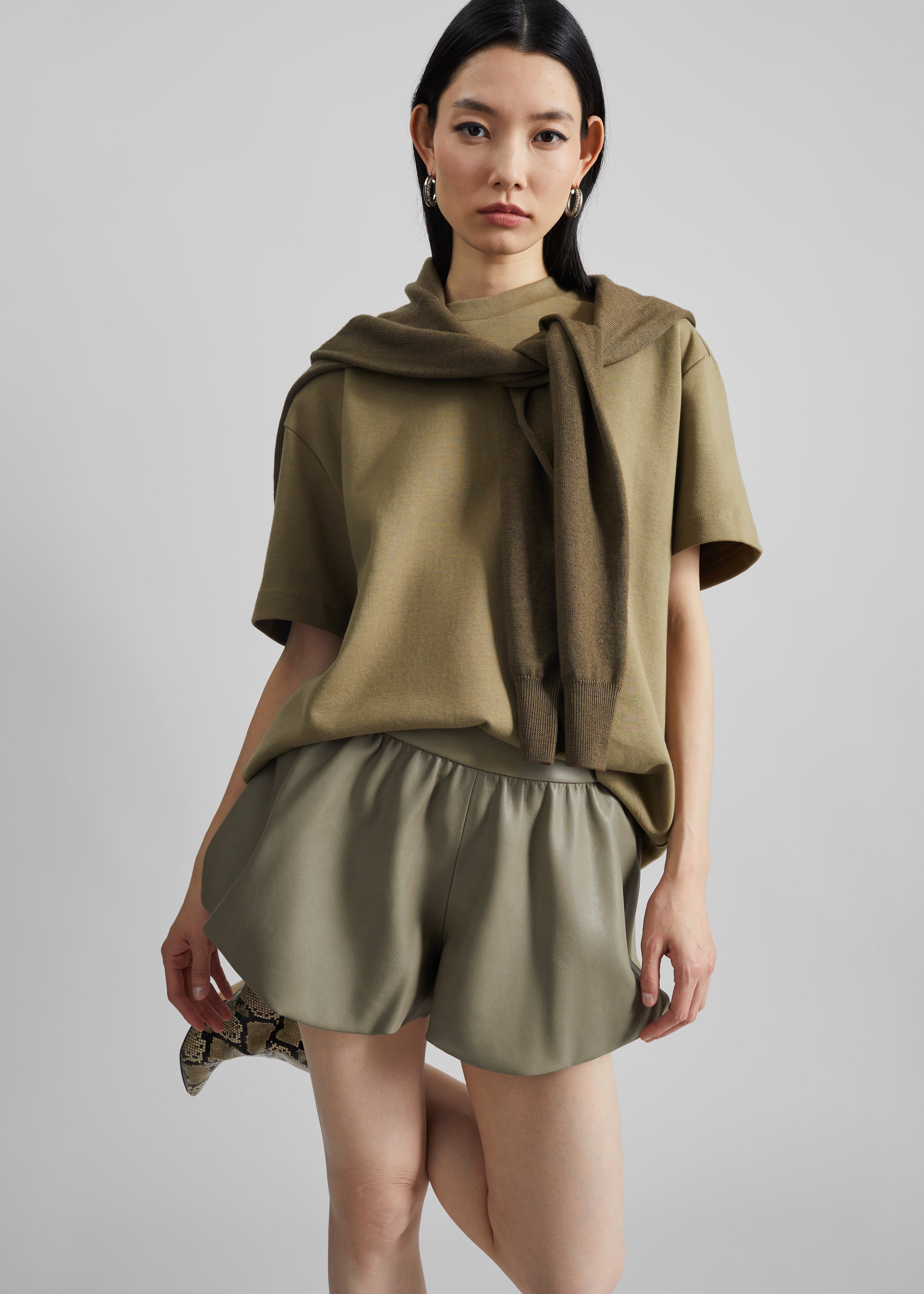 Alina Faux Leather Bubble Hem Shorts - Sage - 2