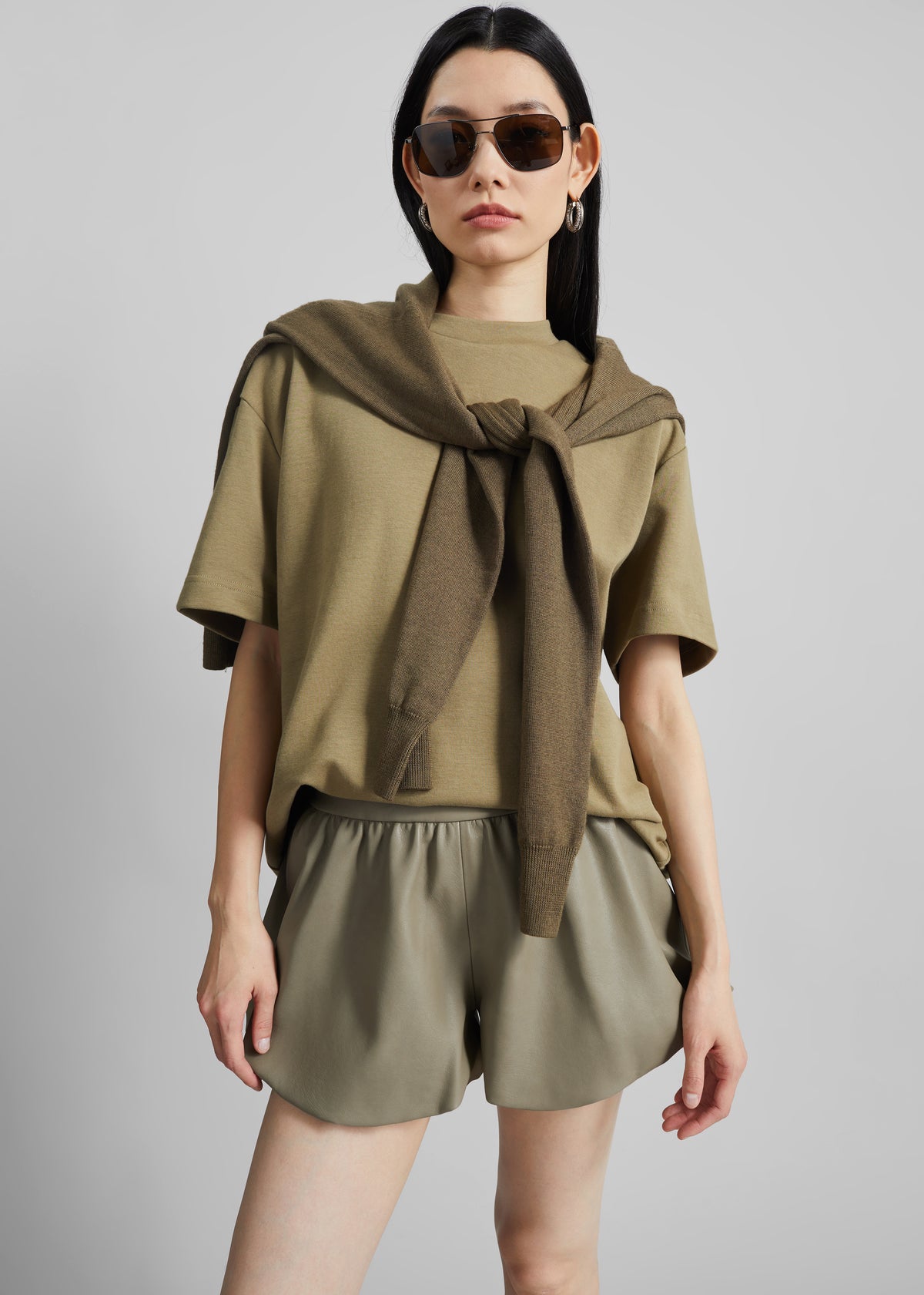 Alina Faux Leather Bubble Hem Shorts - Sage - 5