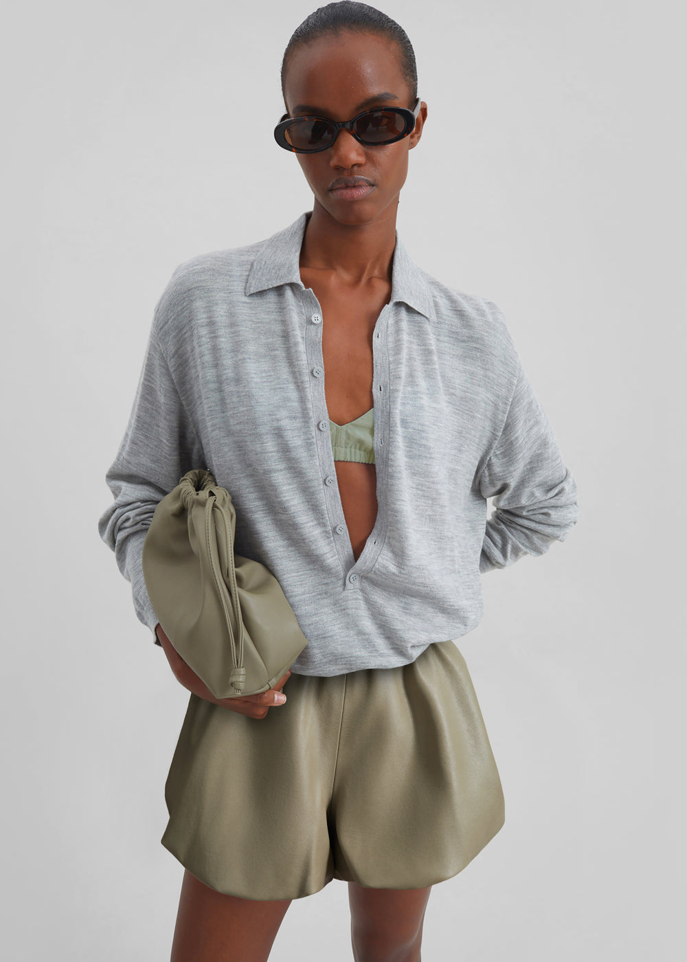 Alina Faux Leather Bubble Hem Shorts - Sage