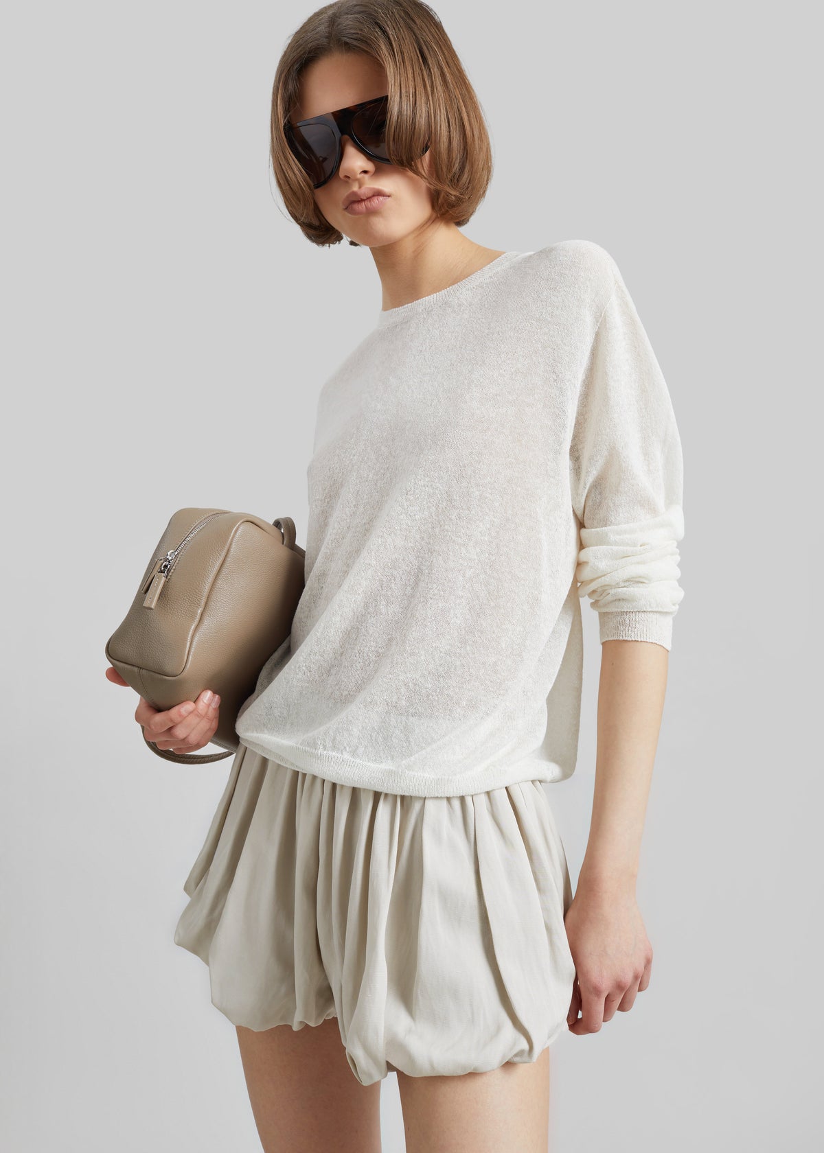 Alina Linen Bubble Hem Shorts - Light Beige - 8