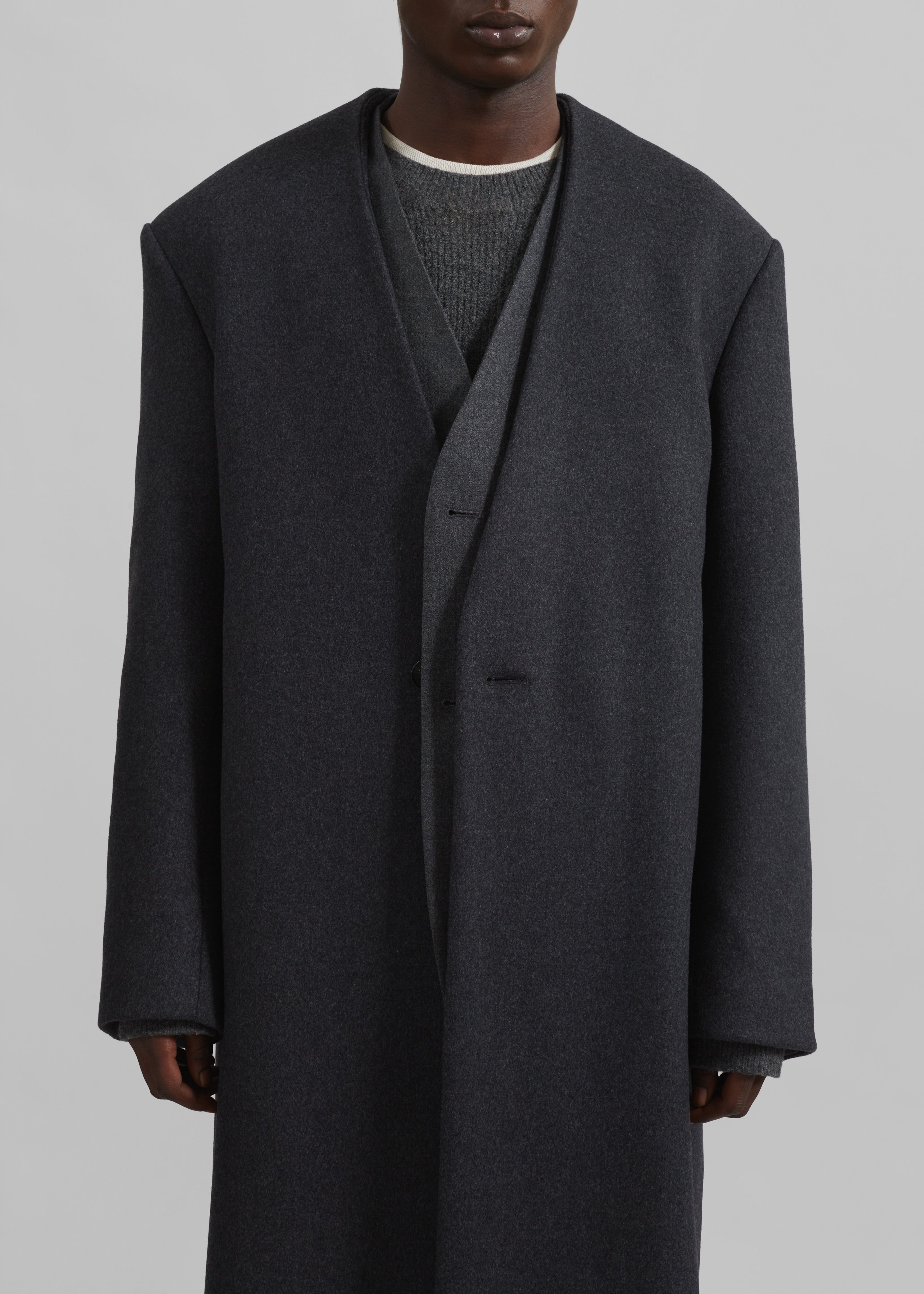 Alistar Collarless Wool Coat - Dark Grey Melange - 5