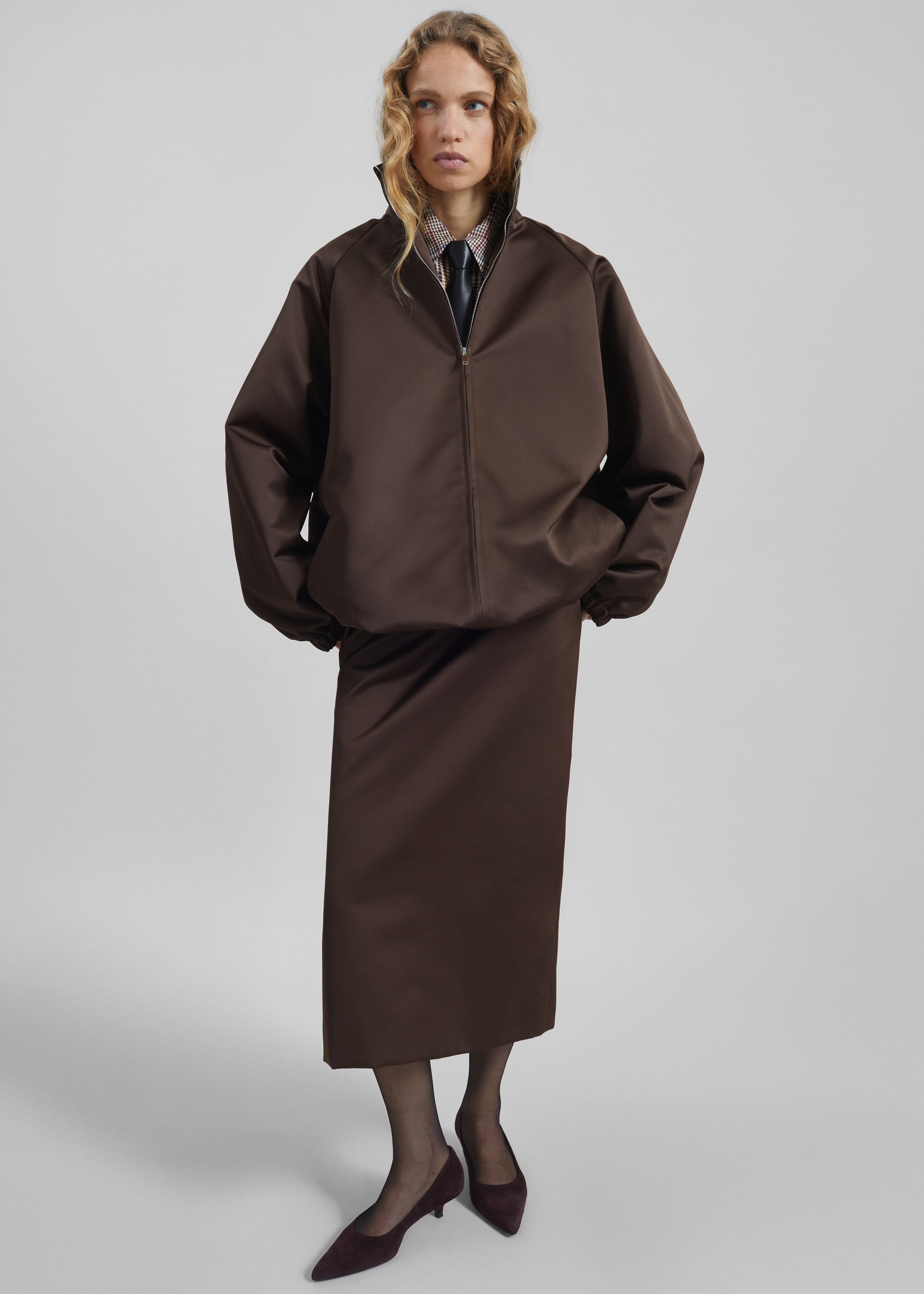 Shop the look image for Alrose Satin Midi Skirt - Brown