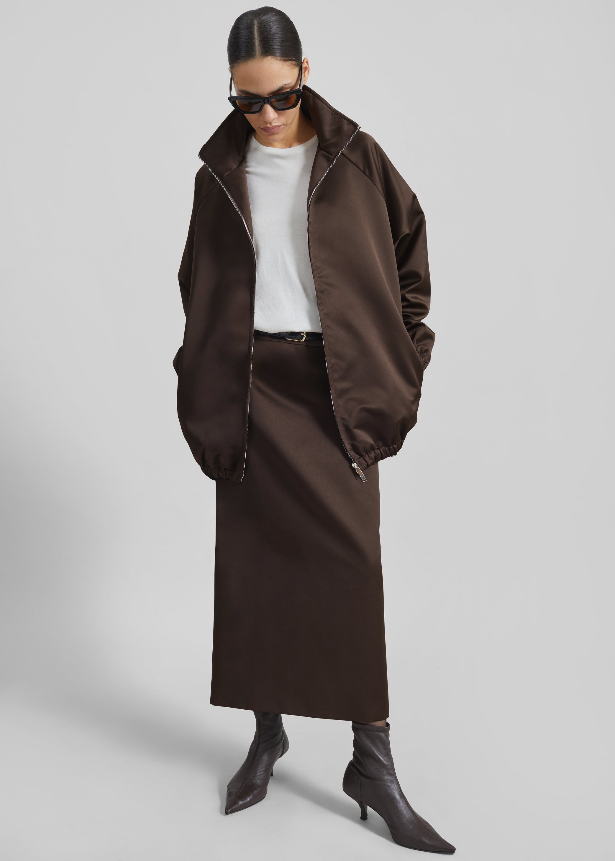 Shop the look image for Alrose Satin Midi Skirt - Brown