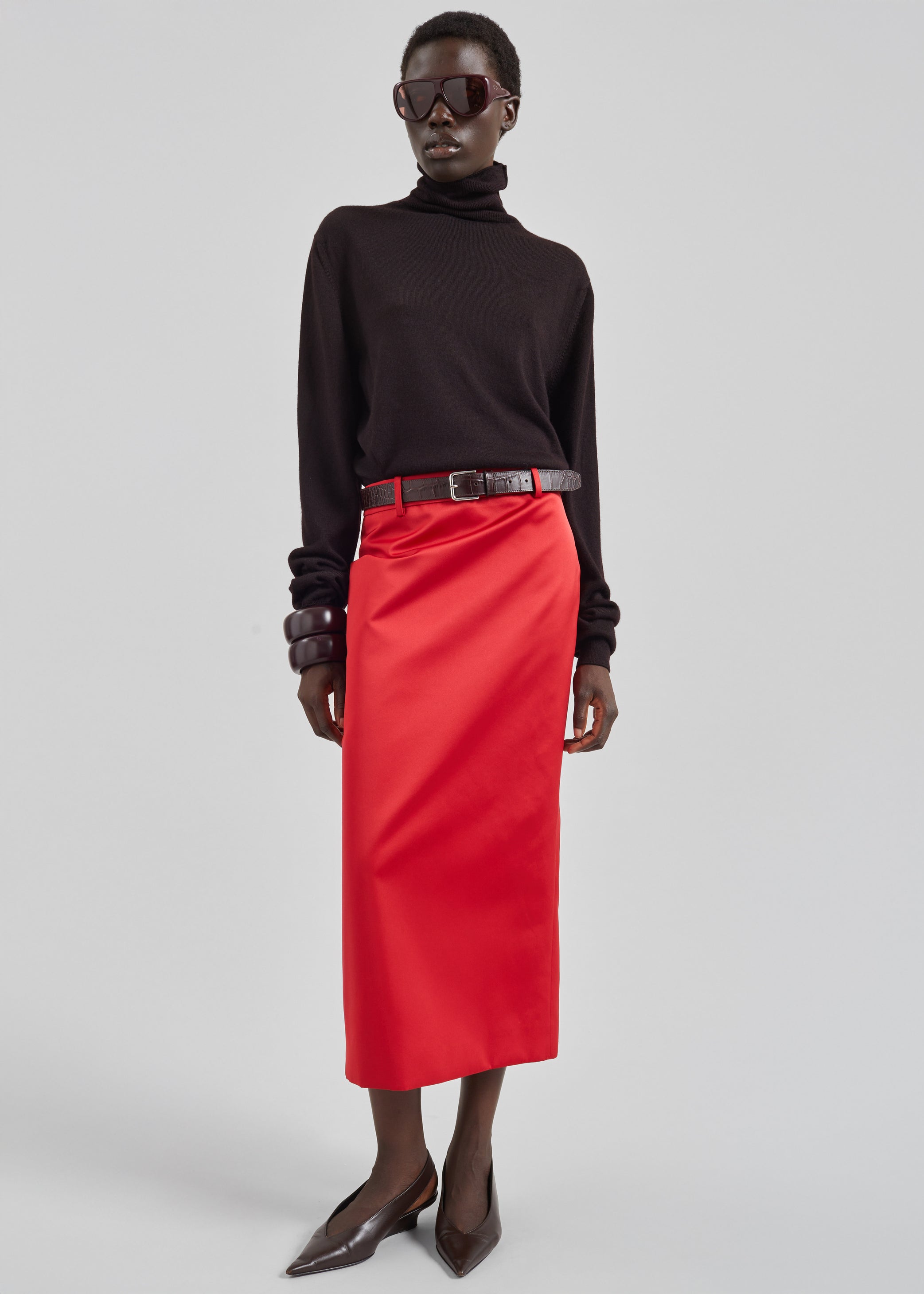 Shop the look image for Alrose Satin Midi Skirt - Red