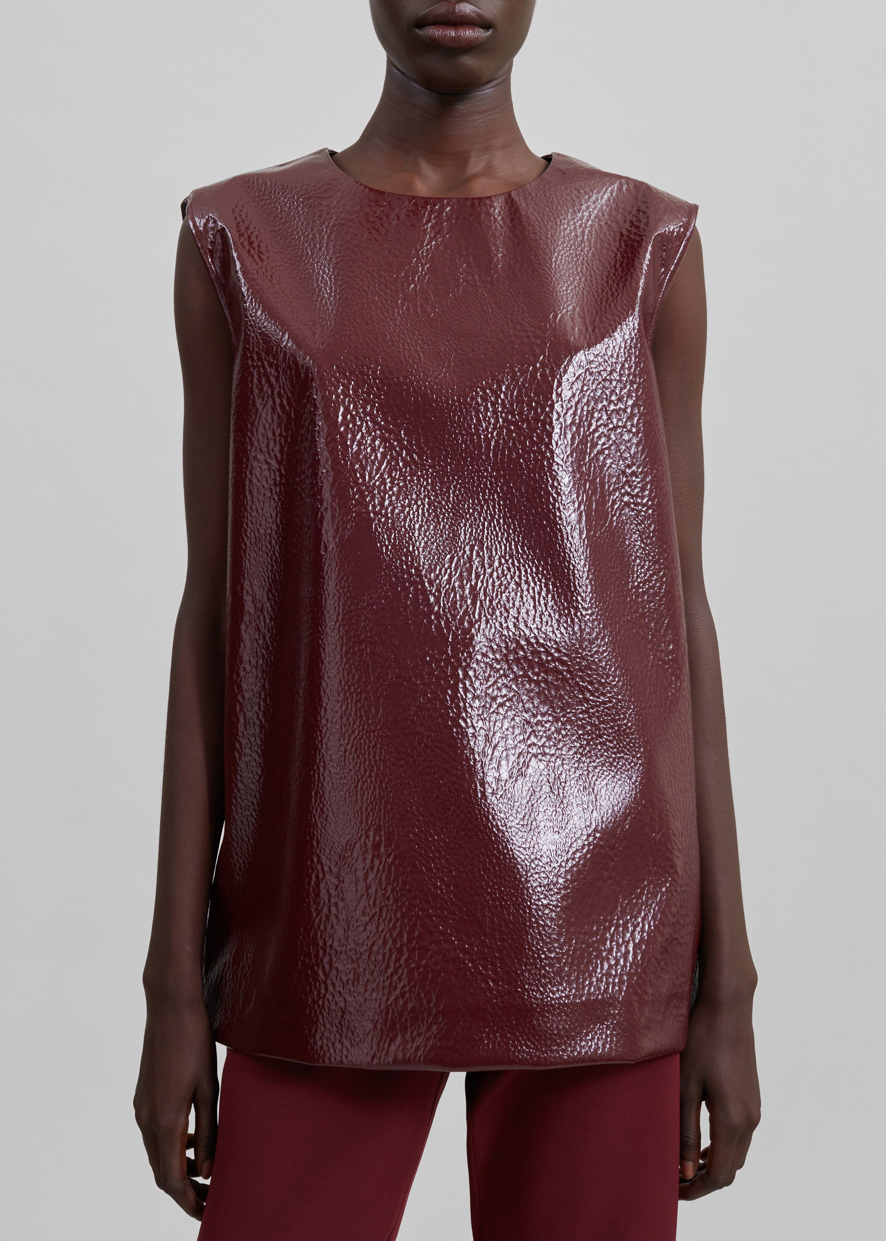 Amaris Crackled Faux Leather Tank Top - Burgundy - 4