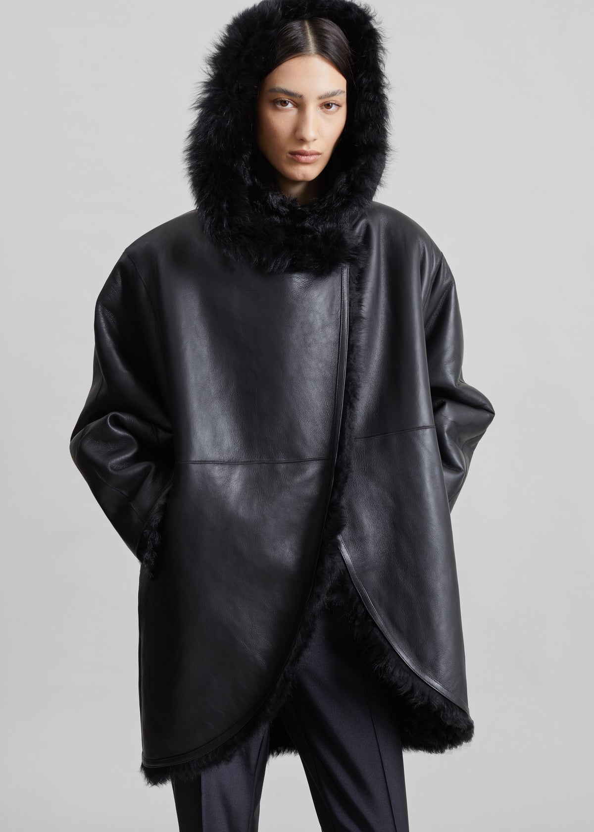 Ambra Shearling Hooded Short Coat - Black