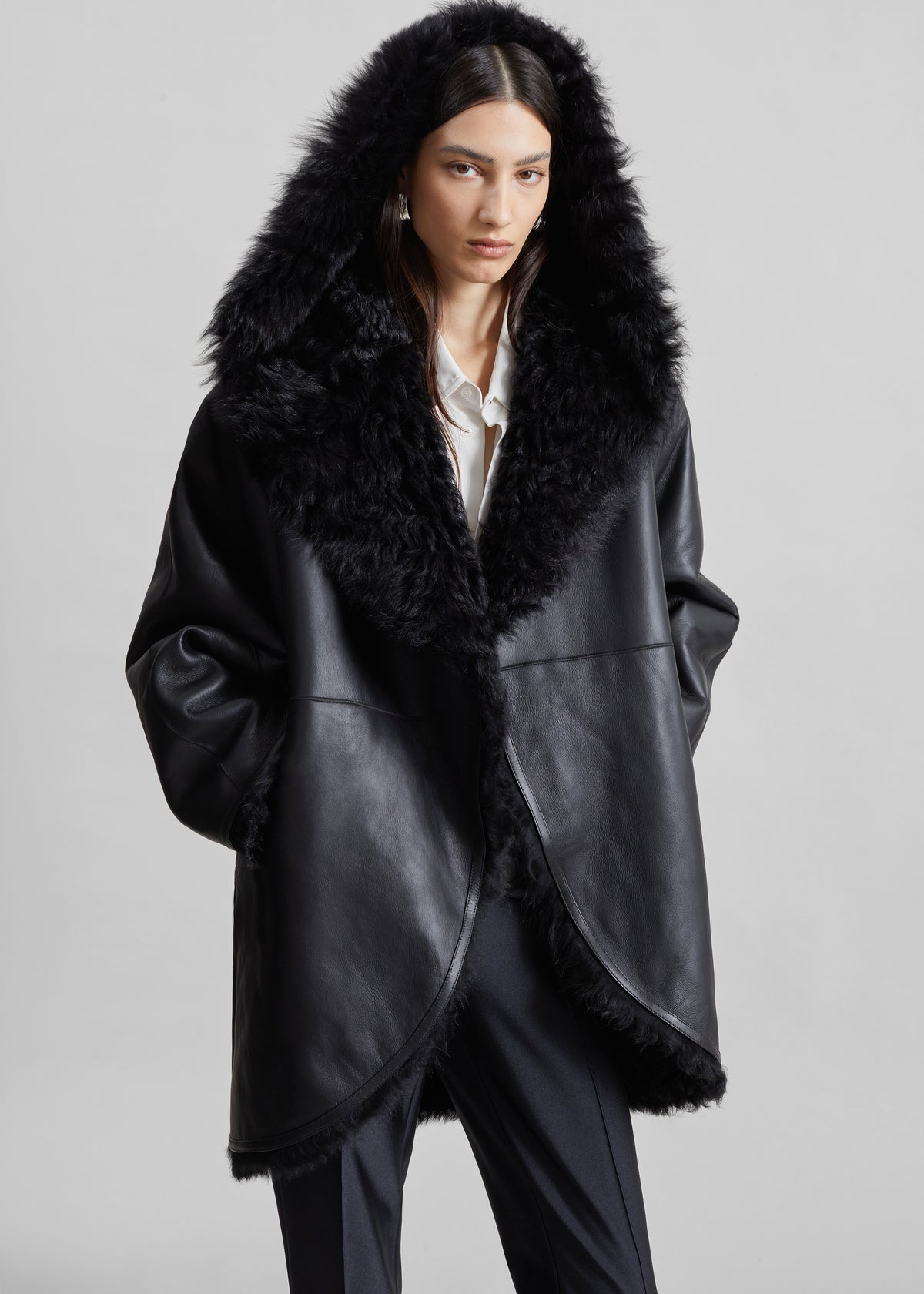 Ambra Shearling Hooded Short Coat - Black
