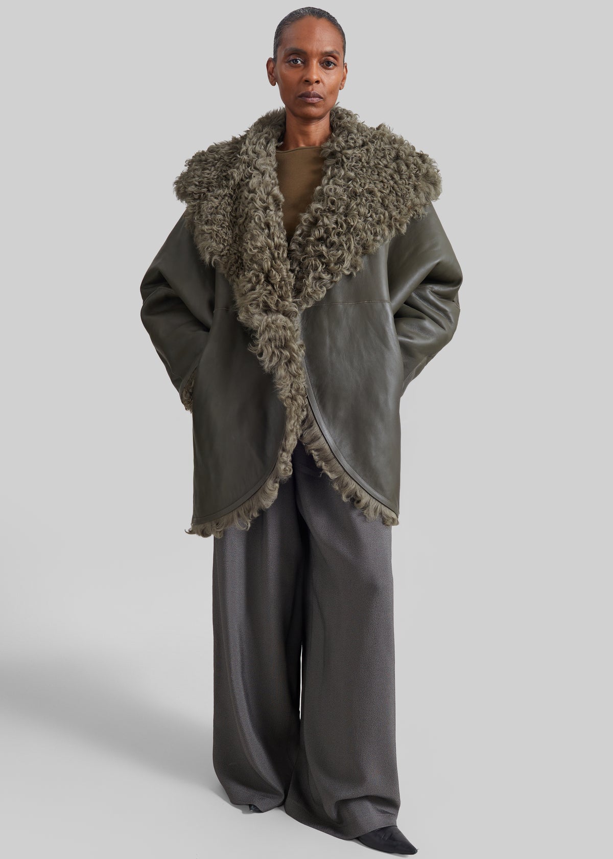Ambra Shearling Hooded Short Coat - Dark Olive