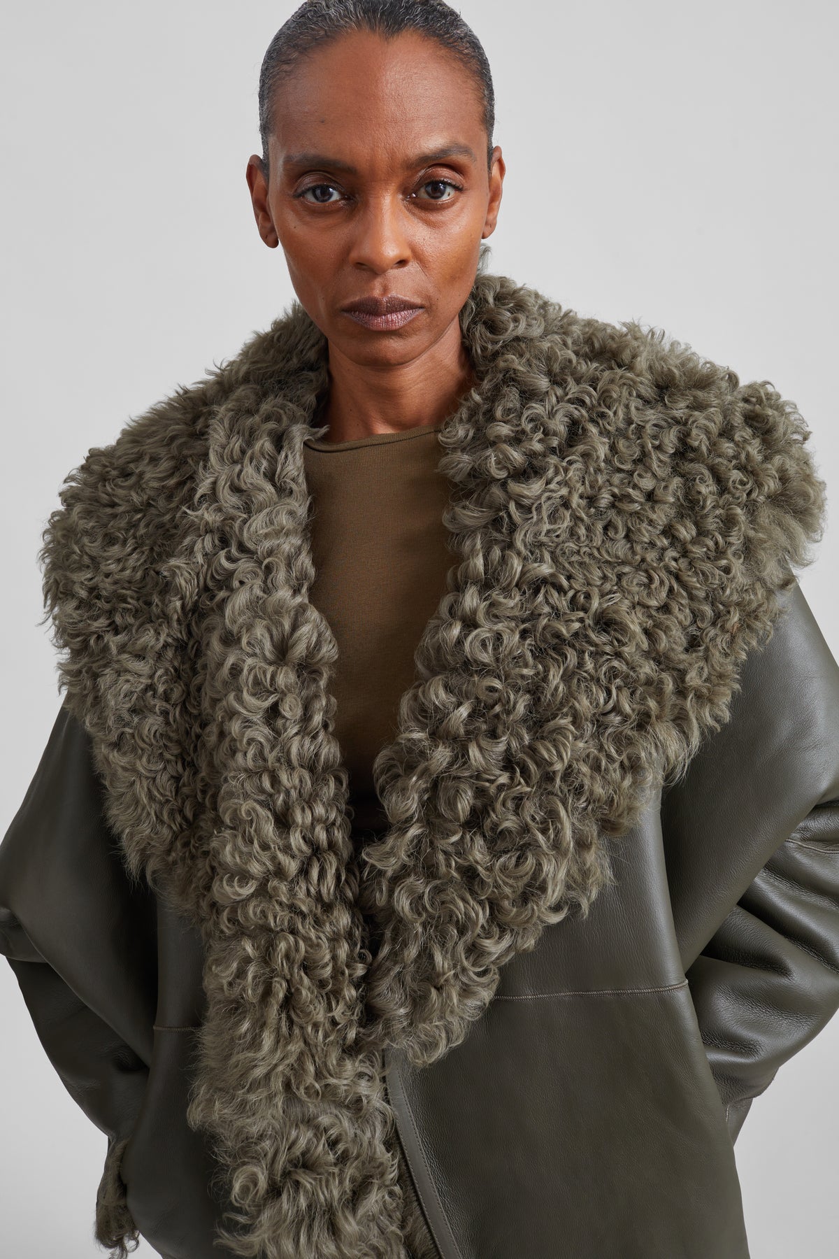 Ambra Shearling Hooded Short Coat - Dark Olive