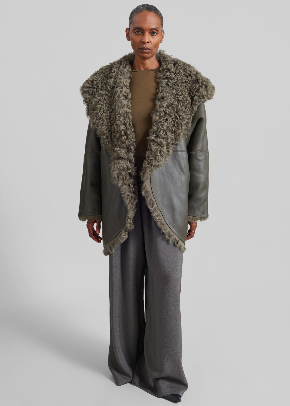 Ambra Shearling Hooded Short Coat - Dark Olive