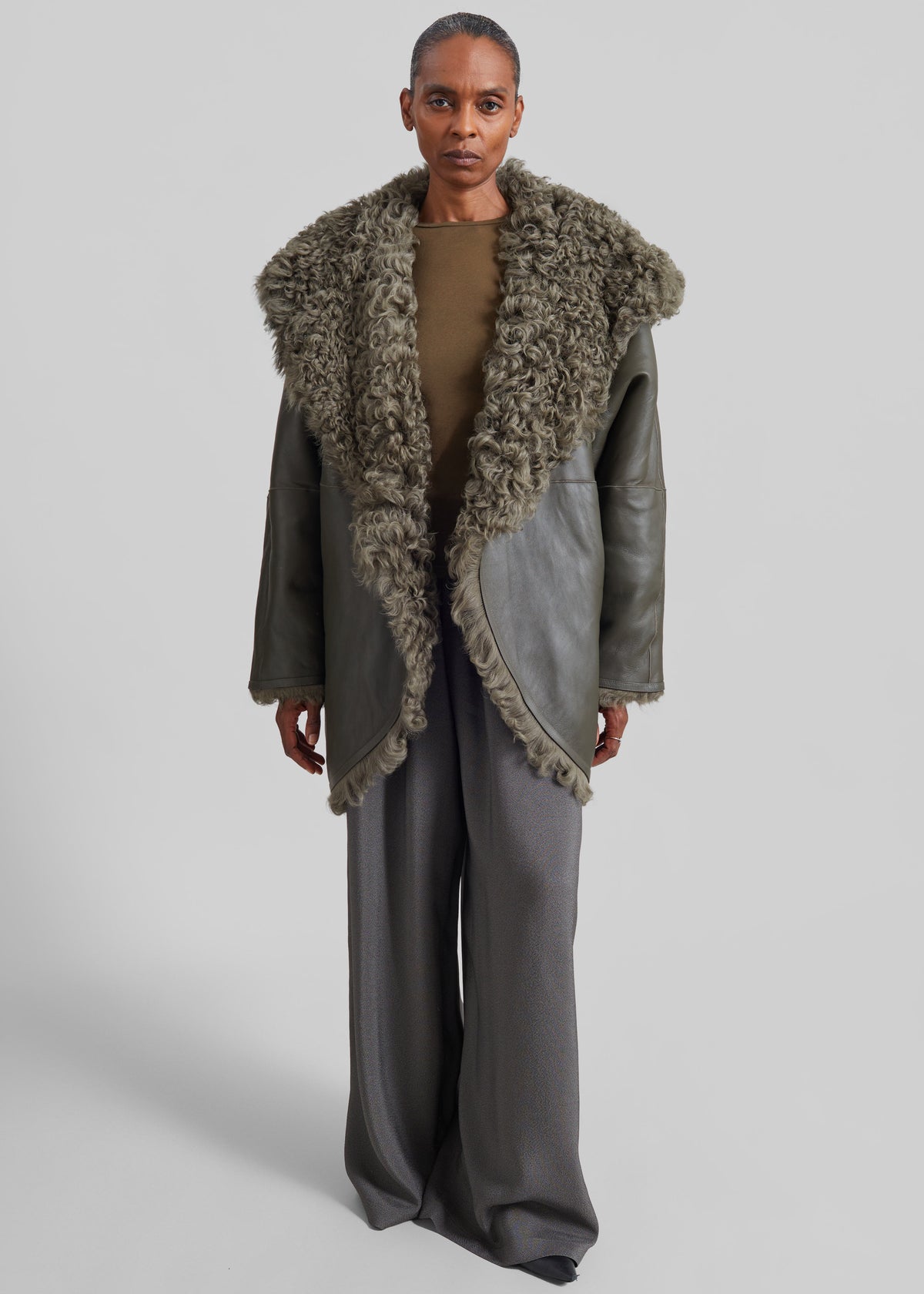 Ambra Shearling Hooded Short Coat - Dark Olive