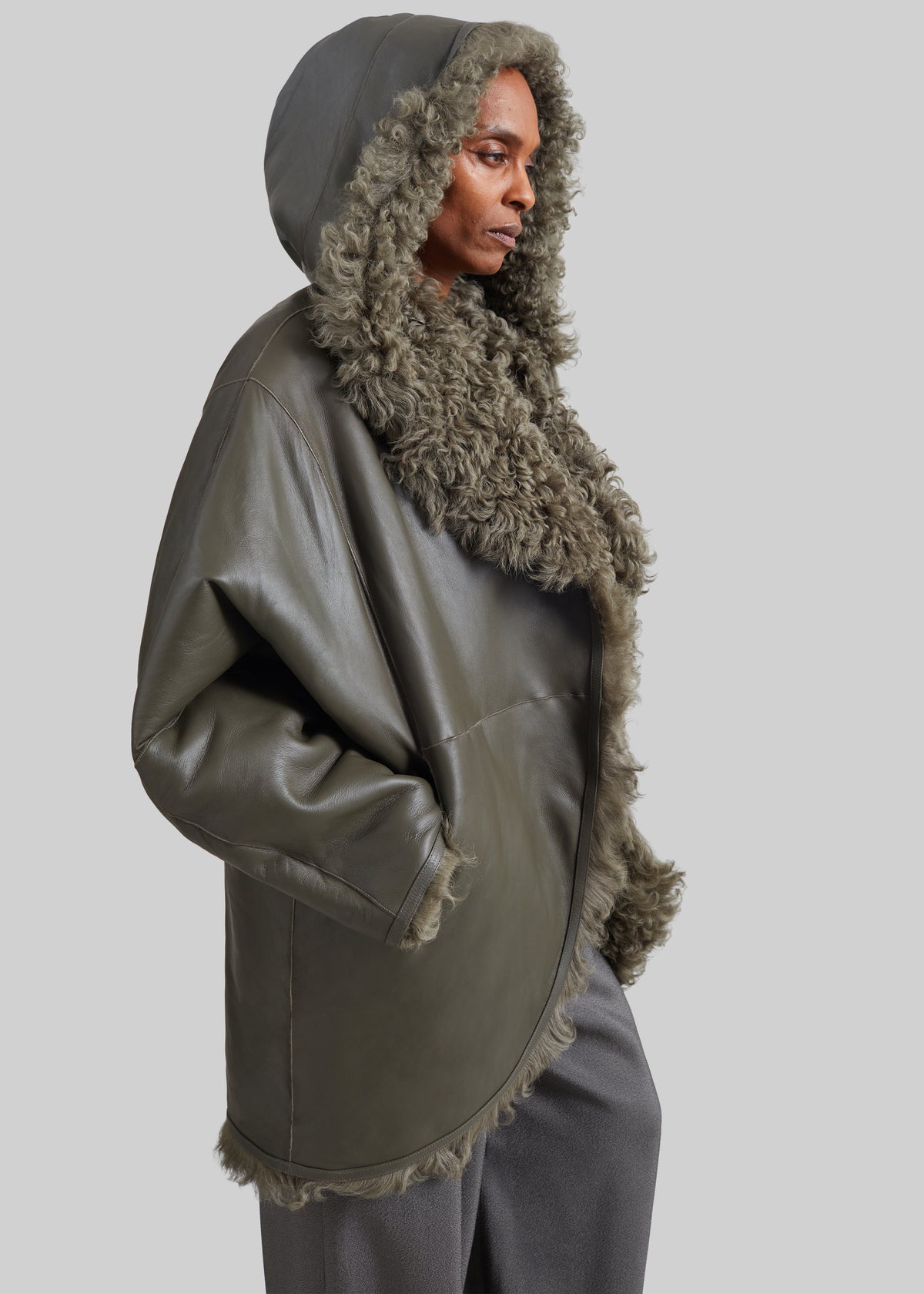 Ambra Shearling Hooded Short Coat - Dark Olive