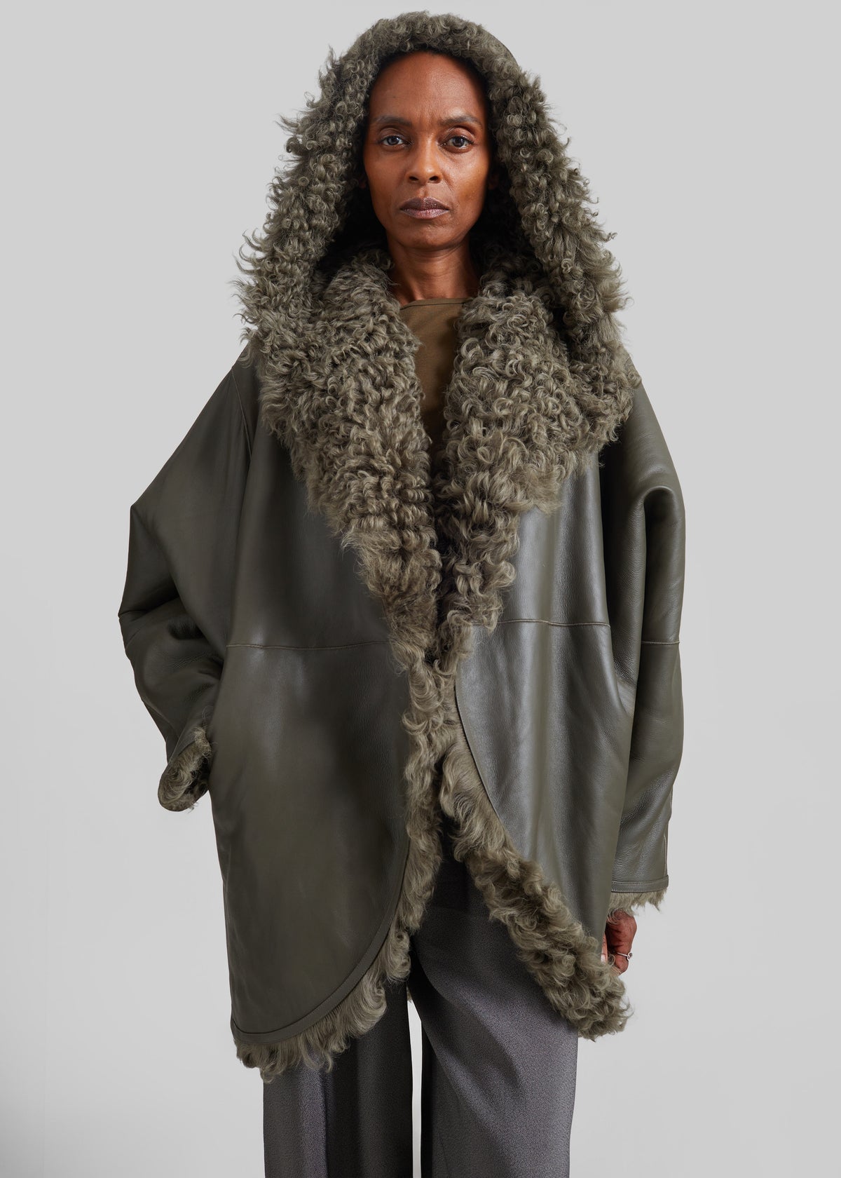 Ambra Shearling Hooded Short Coat - Dark Olive