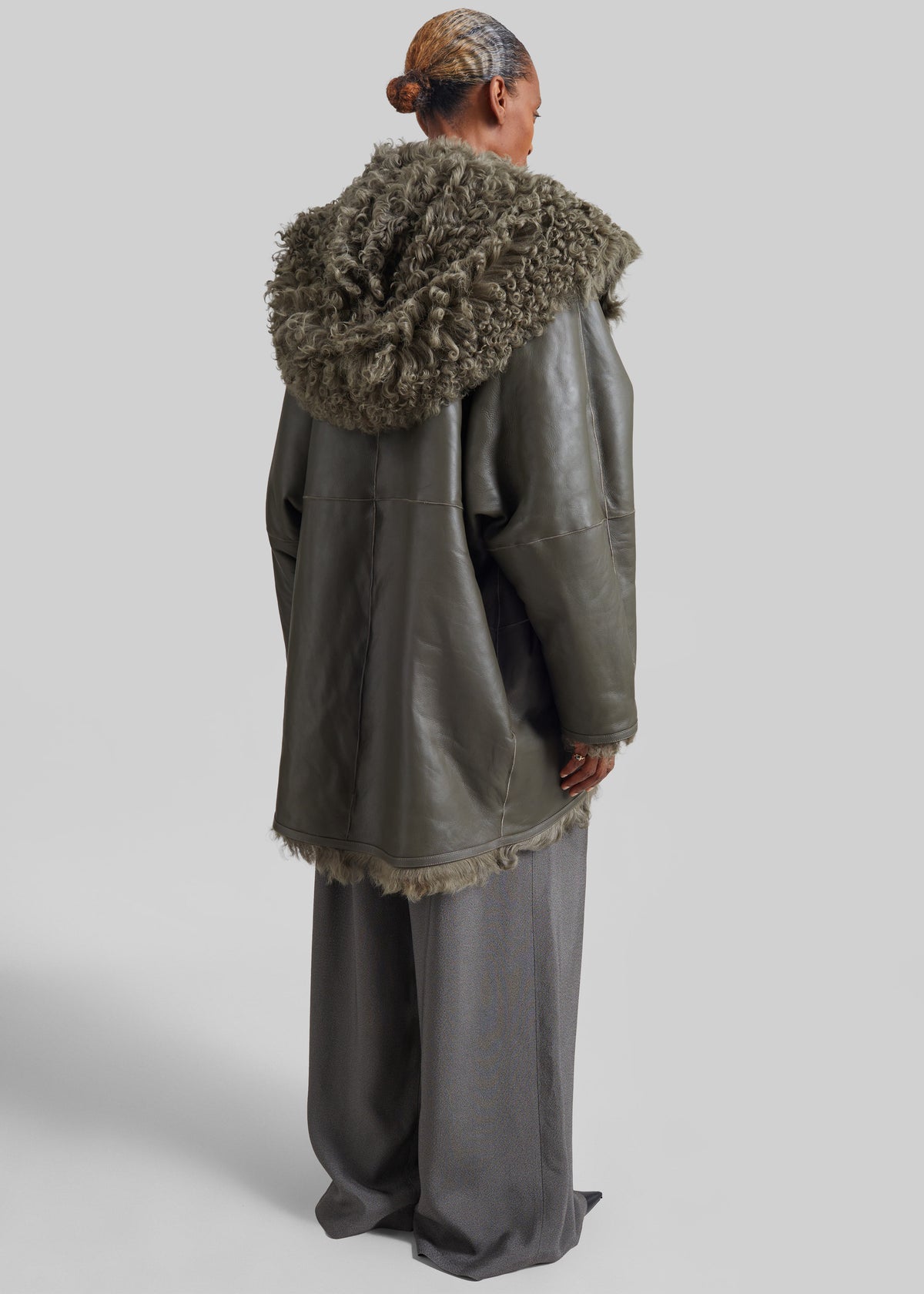 Ambra Shearling Hooded Short Coat - Dark Olive