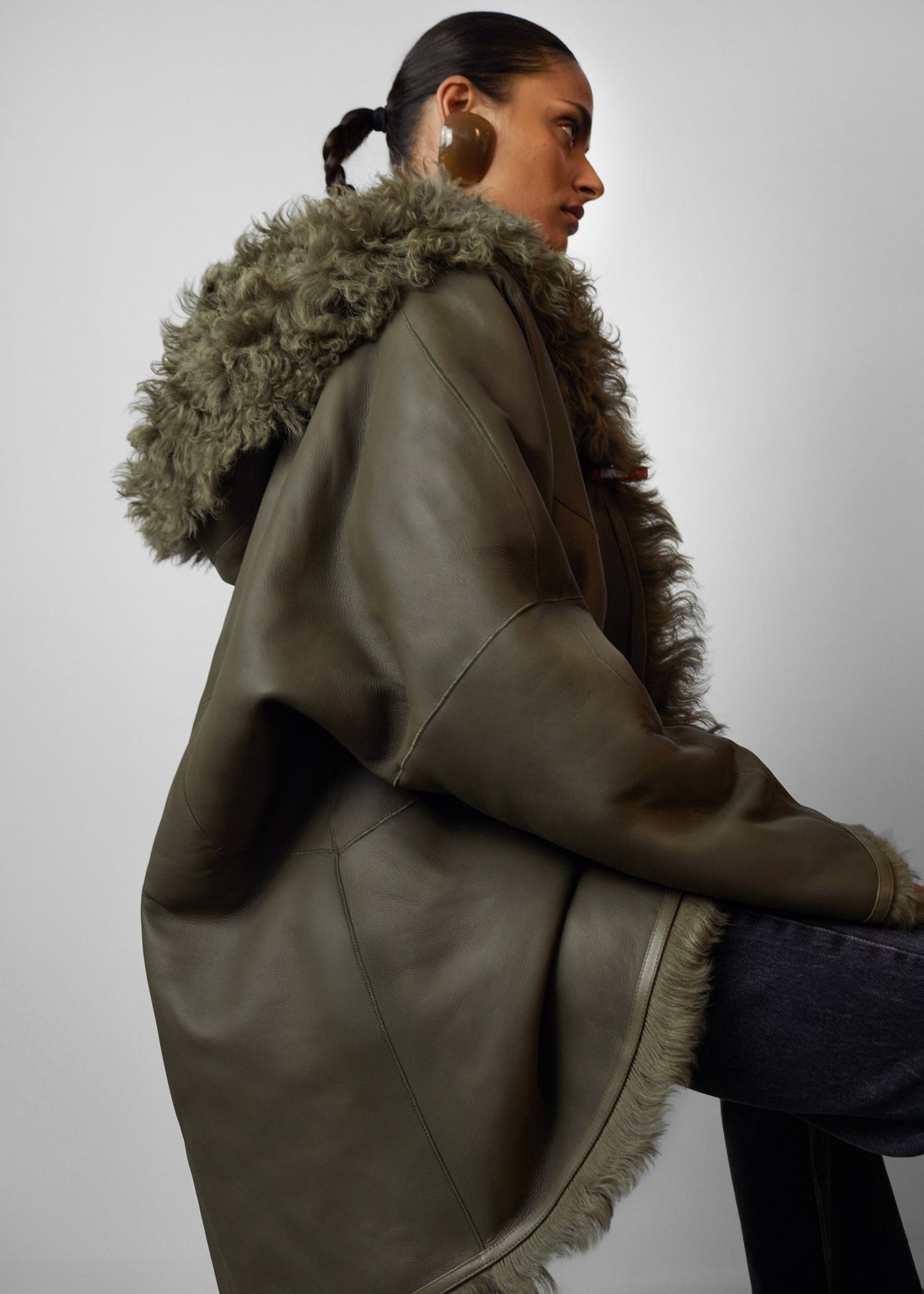 Ambra Shearling Hooded Short Coat - Dark Olive