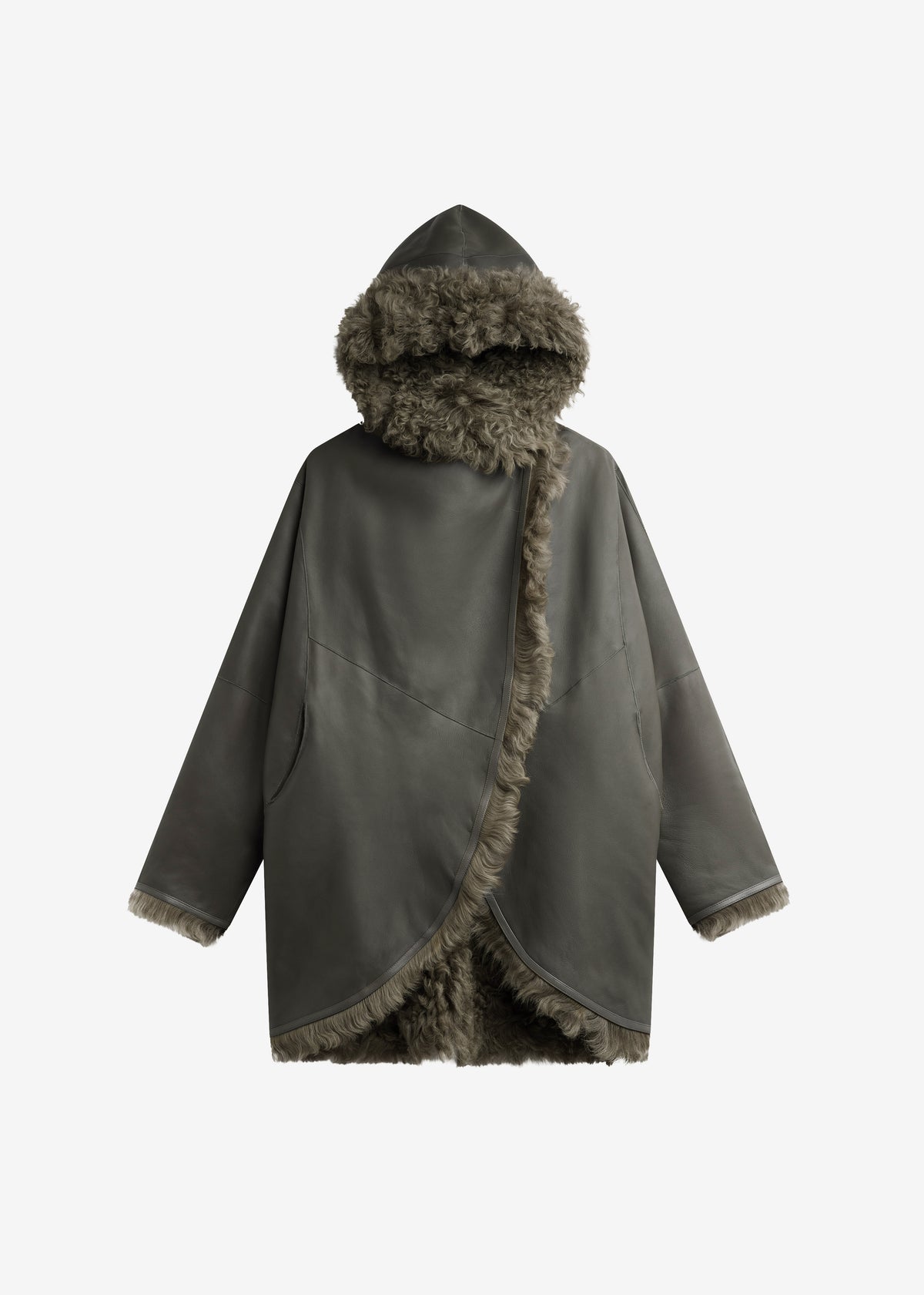 Ambra Shearling Hooded Short Coat - Dark Olive