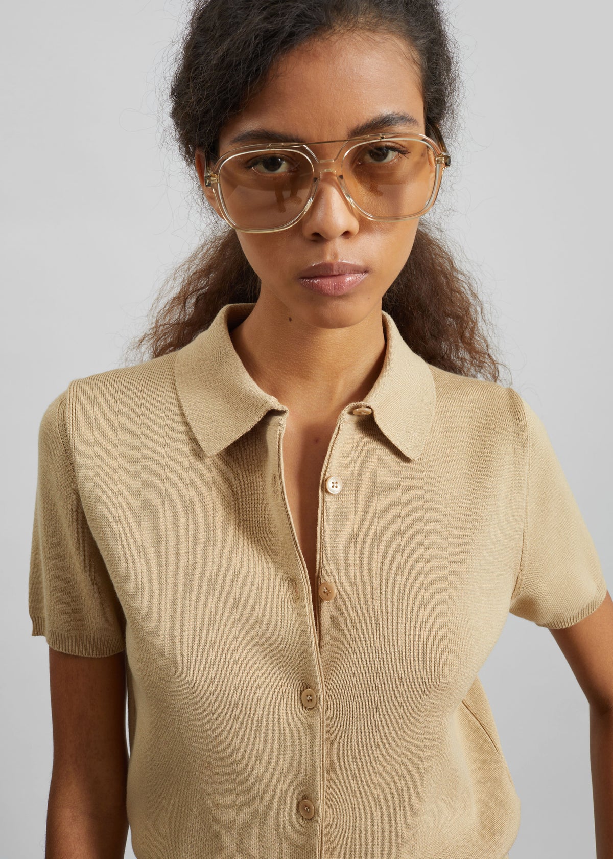 Amelot Knit Short Sleeve Cardigan - Beige - 3