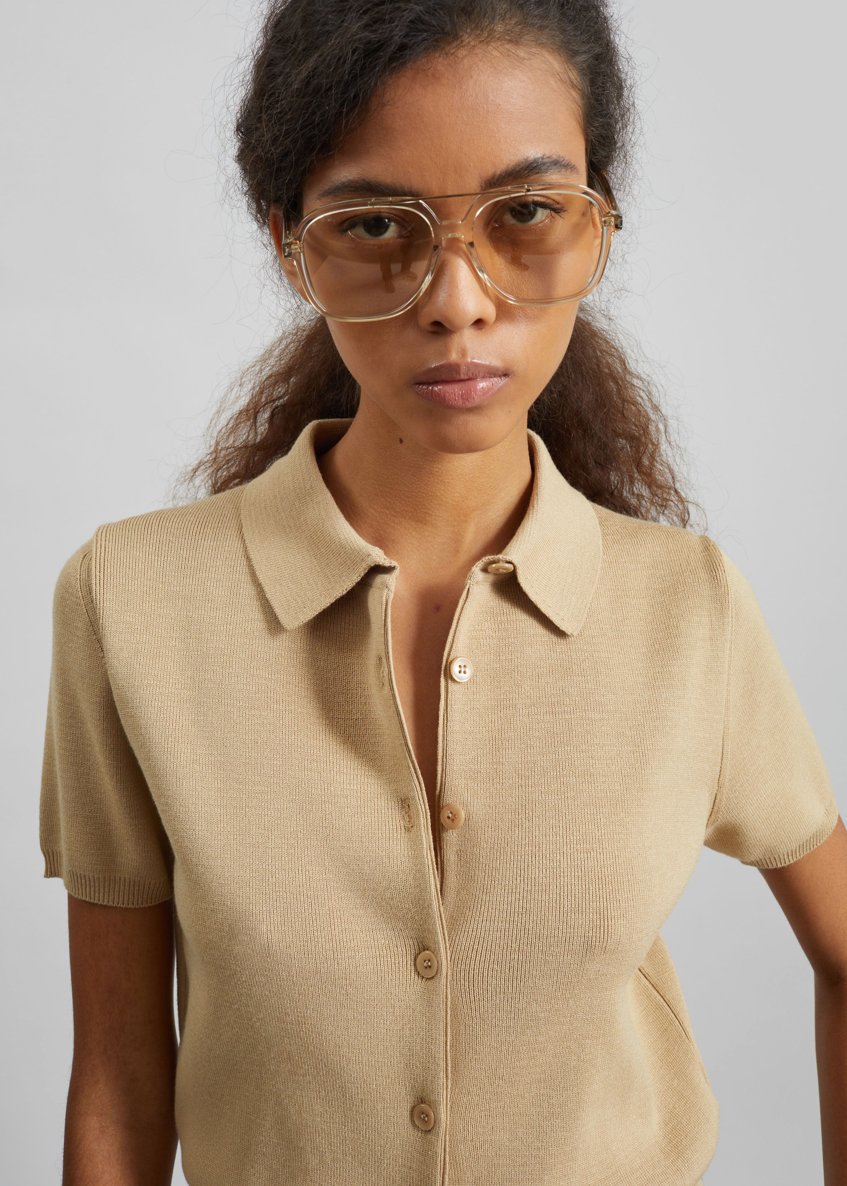 Amelot Knit Short Sleeve Cardigan - Beige - 3