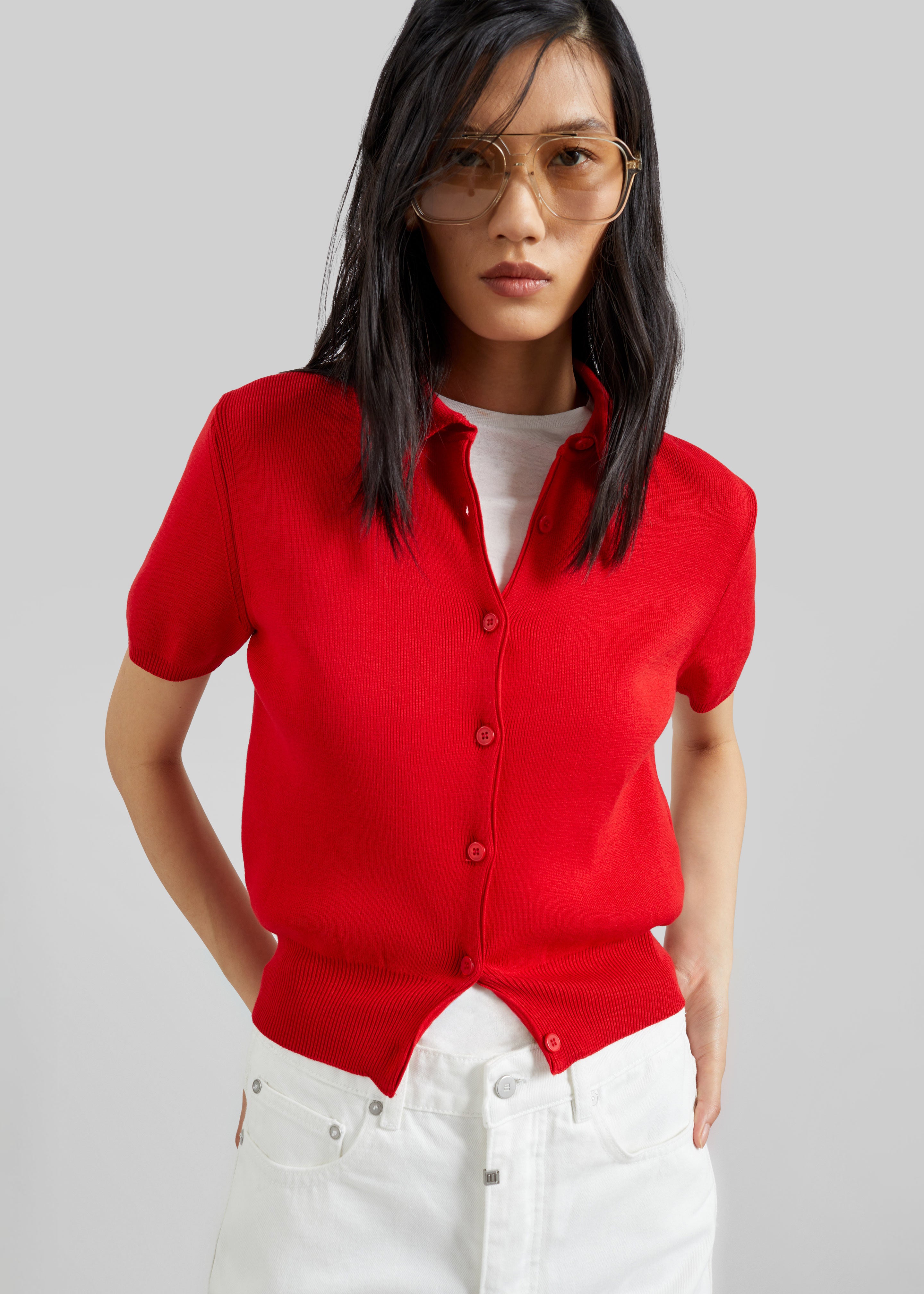 Amelot Knit Short Sleeve Cardigan - Red - 1