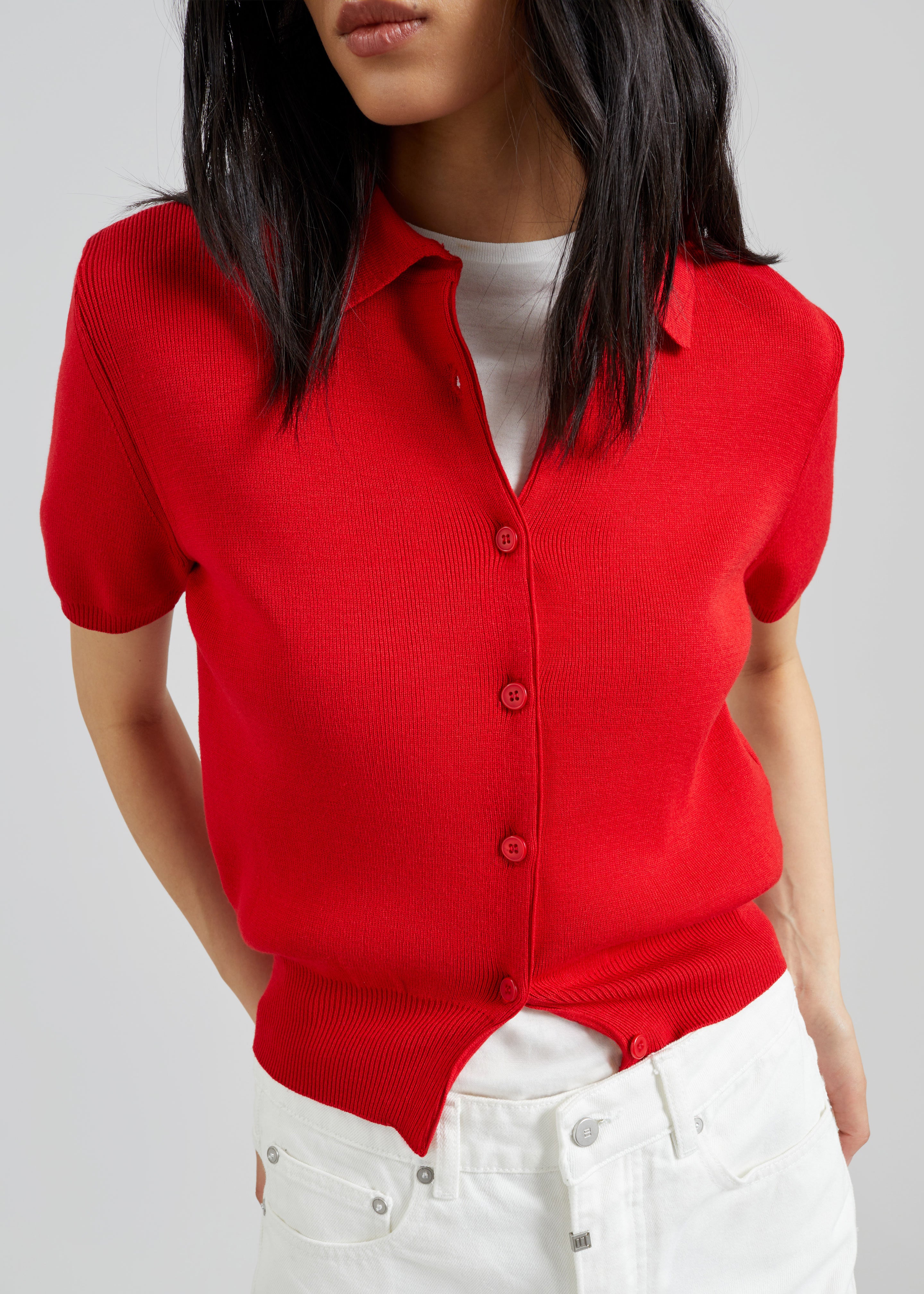 Amelot Knit Short Sleeve Cardigan - Red - 3
