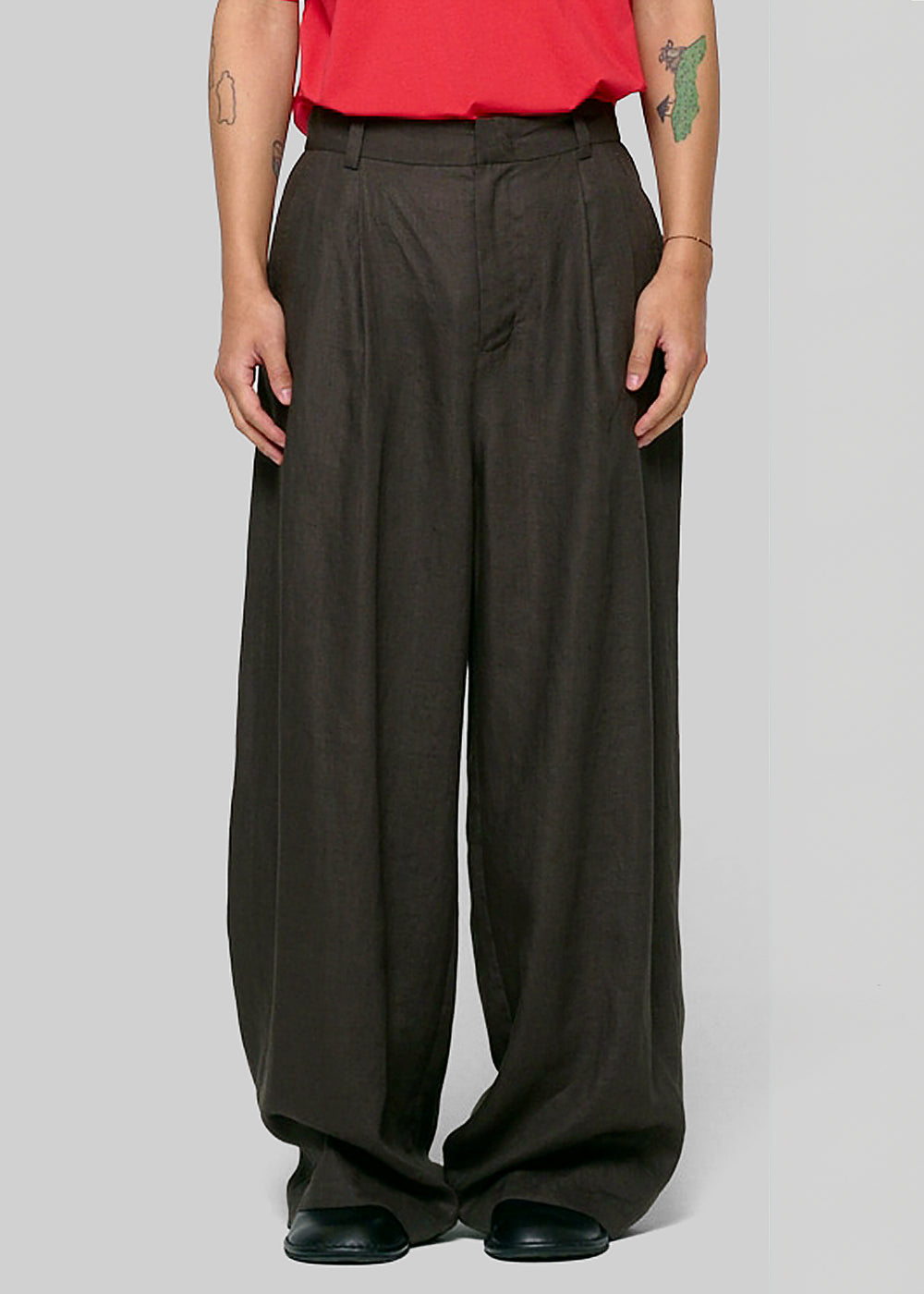 Amomento Linen Two Tuck Wide Pants - Khaki Grey - 1