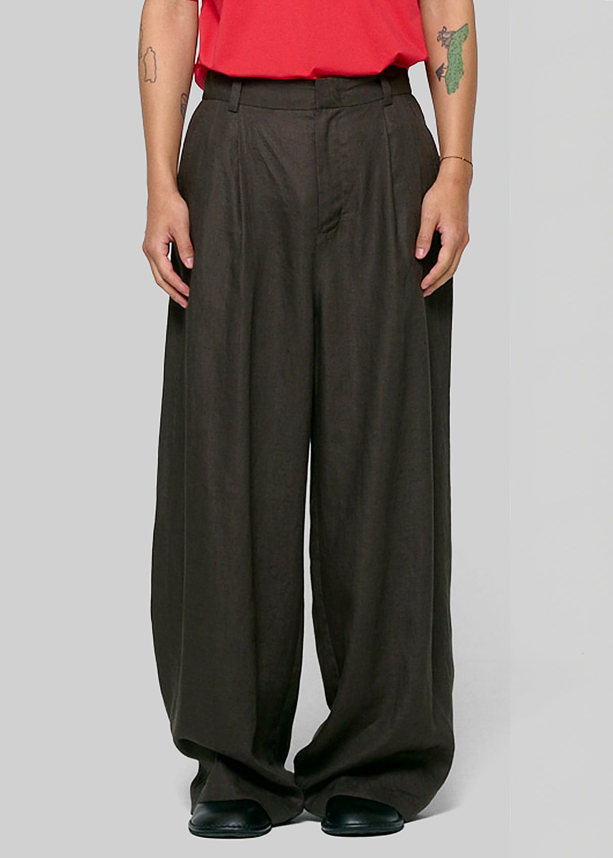 Amomento Linen Two Tuck Wide Pants - Khaki Grey - 2